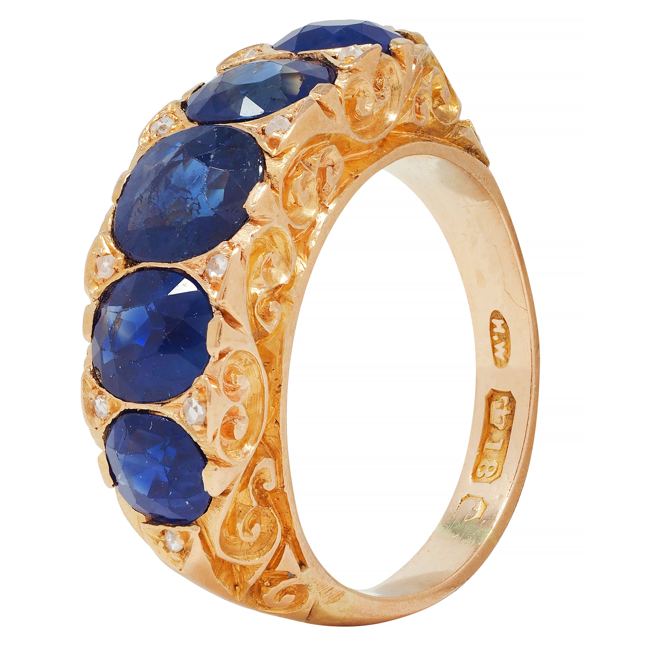 Victorian 4.10 CTW No Heat Sapphire Diamond 18 Karat Gold Antique Band Ring GIA