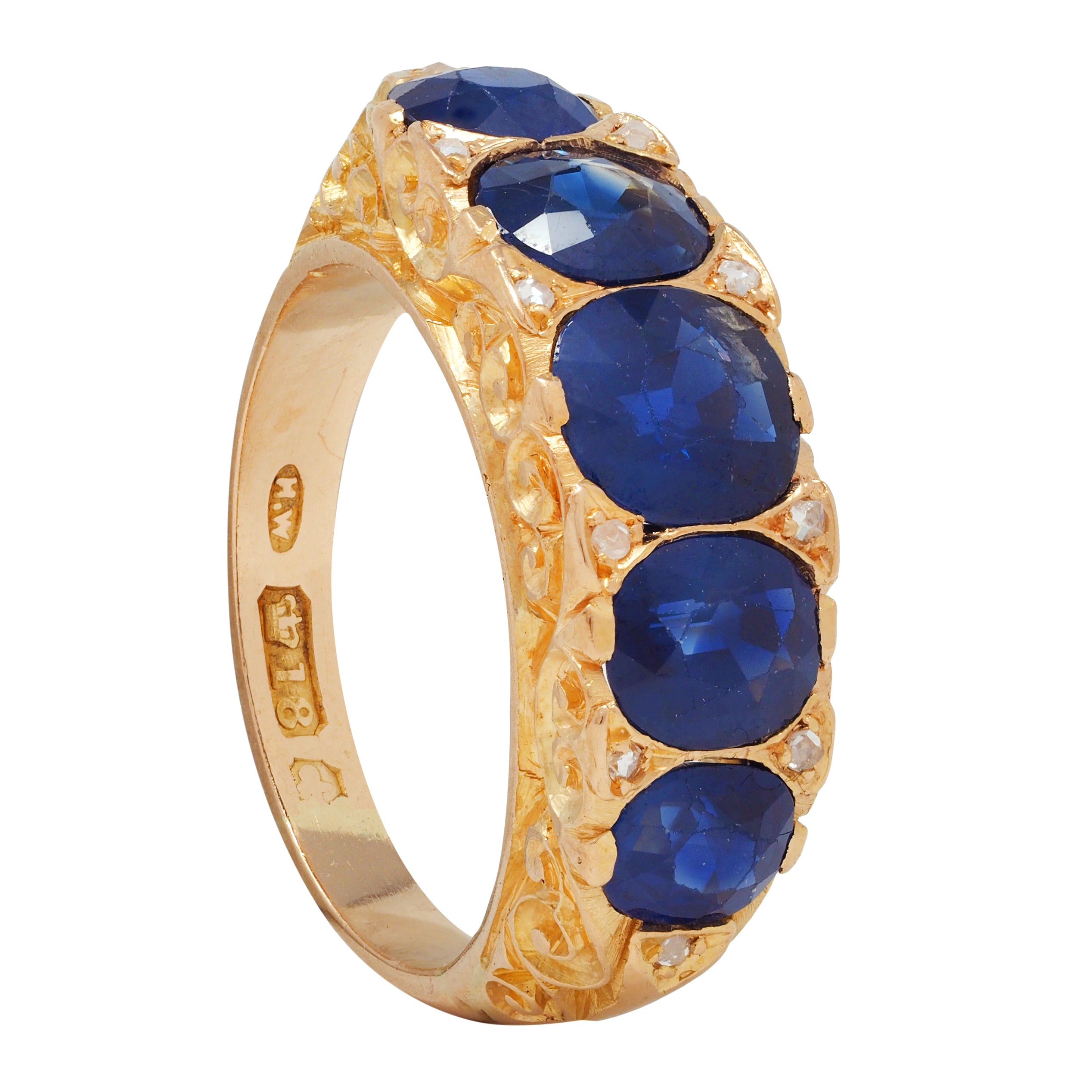Victorian 4.10 CTW No Heat Sapphire Diamond 18 Karat Gold Antique Band Ring GIA
