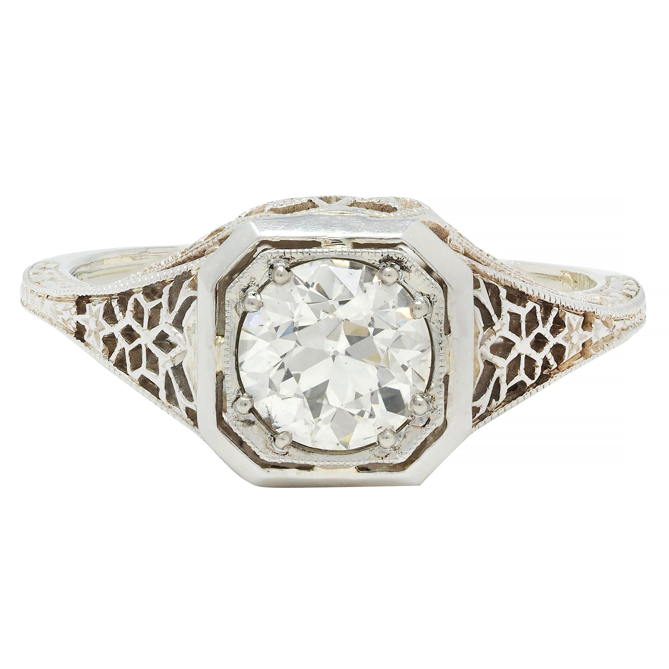 Art Deco 0.90 CTW Old European Cut Diamond Floral Vintage Engagement Ring