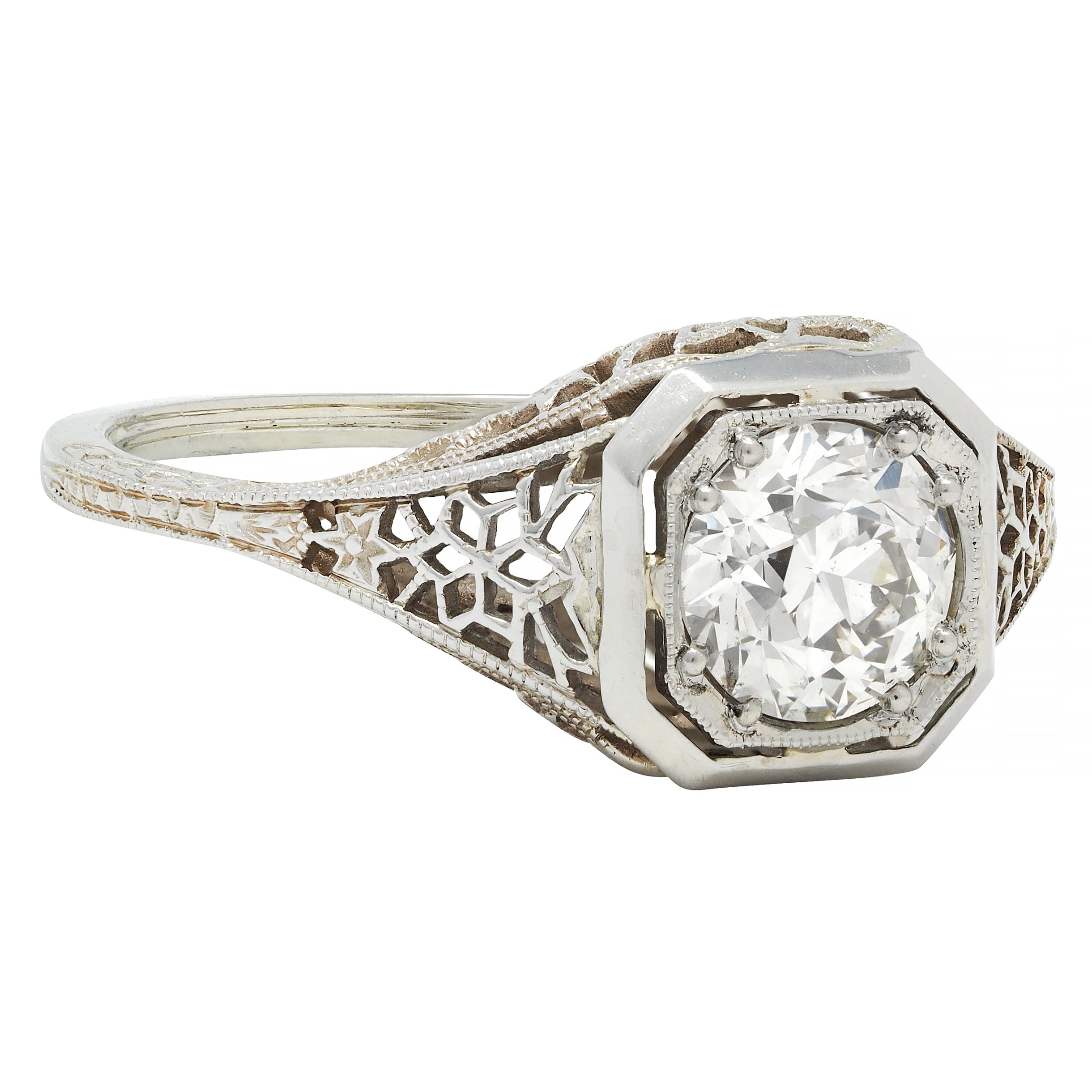 Art Deco 0.90 CTW Old European Cut Diamond Floral Vintage Engagement Ring