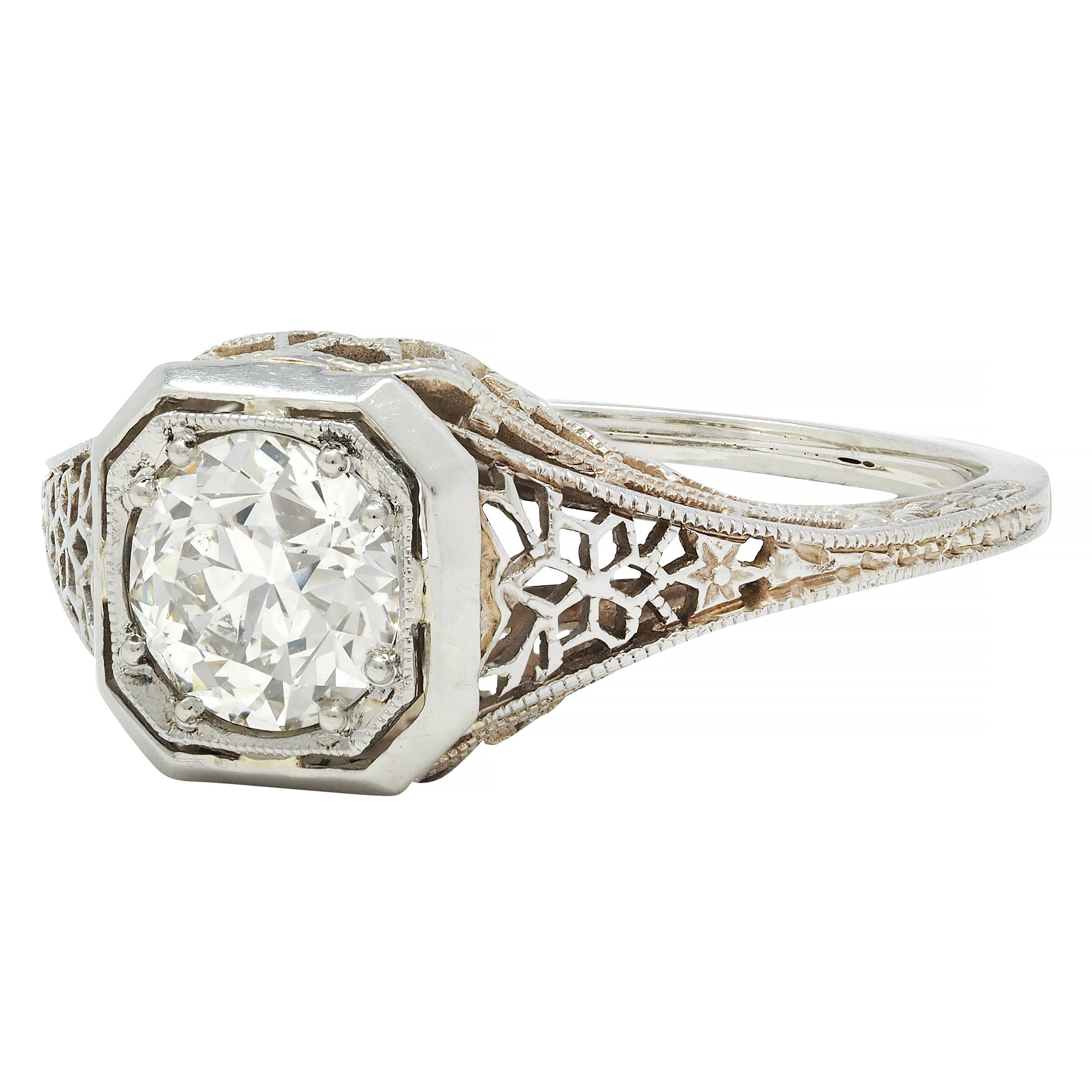 Art Deco 0.90 CTW Old European Cut Diamond Floral Vintage Engagement Ring