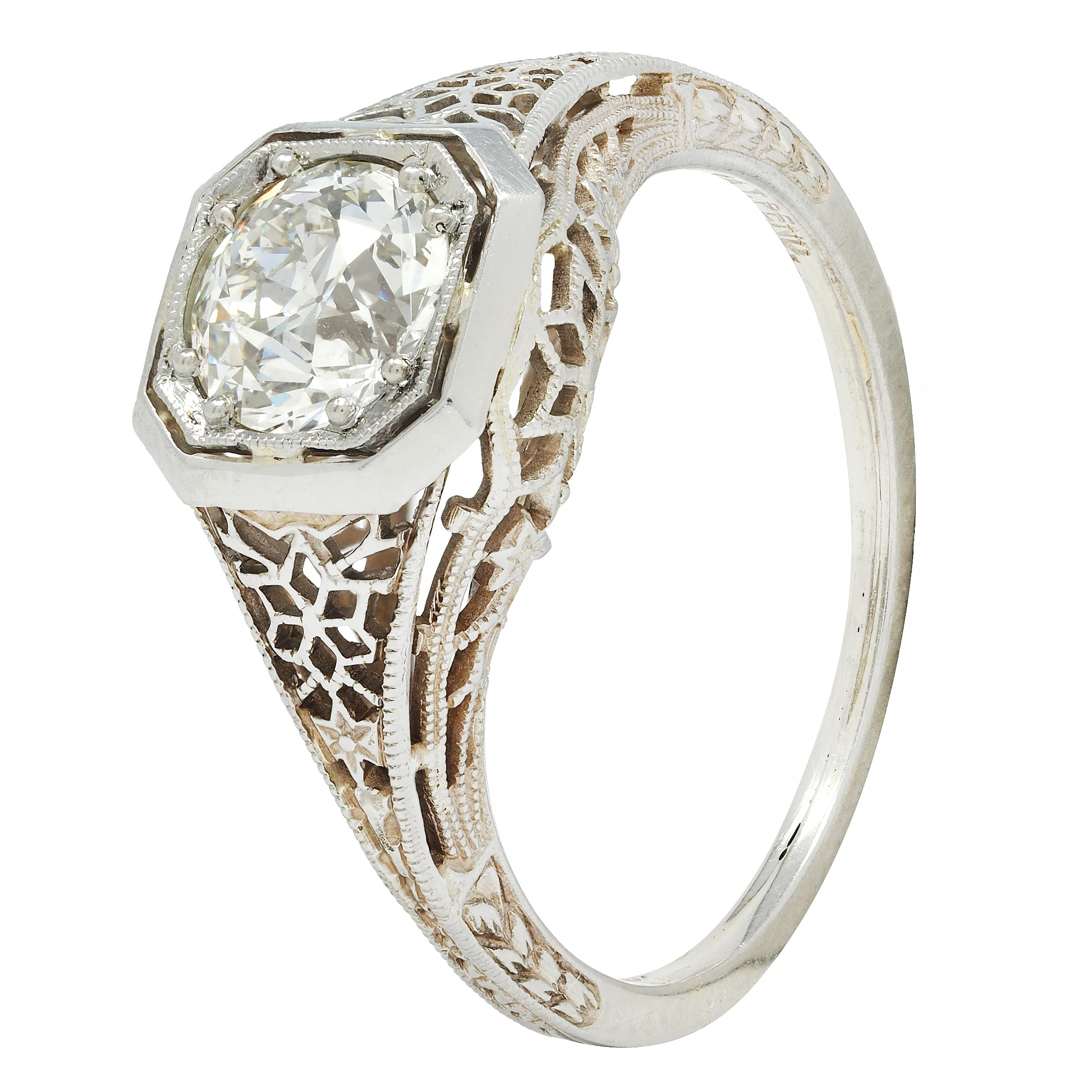 Art Deco 0.90 CTW Old European Cut Diamond Floral Vintage Engagement Ring