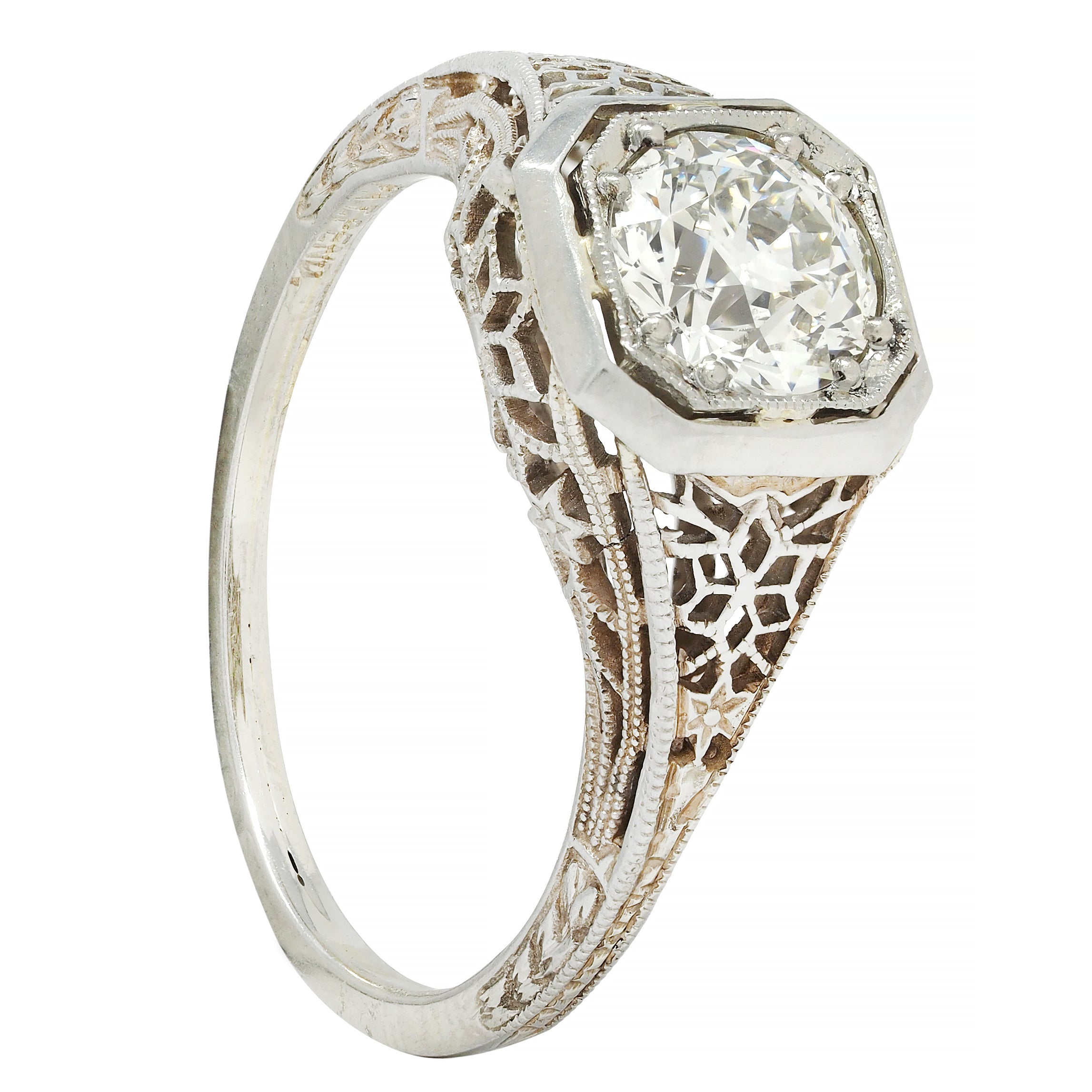 Art Deco 0.90 CTW Old European Cut Diamond Floral Vintage Engagement Ring