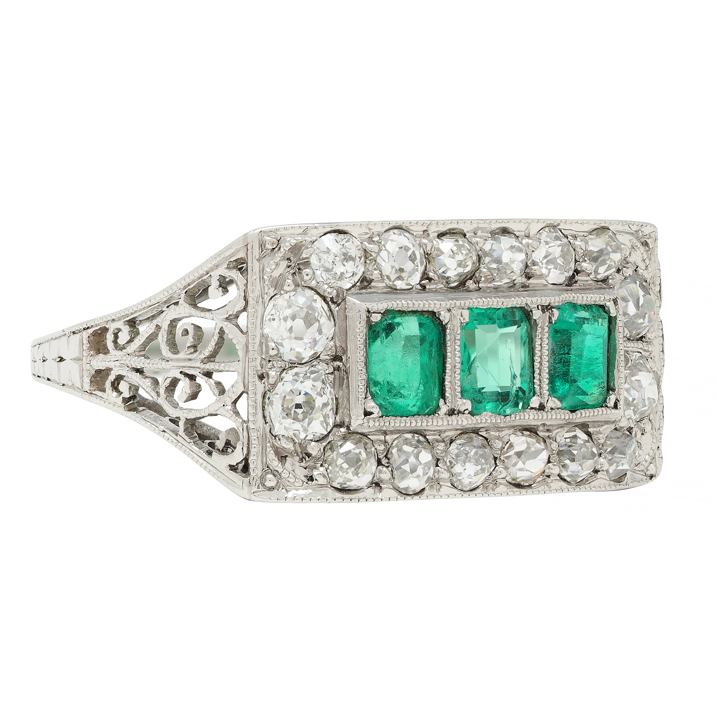 Art Deco 1.27 CTW Emerald Diamond Platinum Scrolling Antique Band Ring