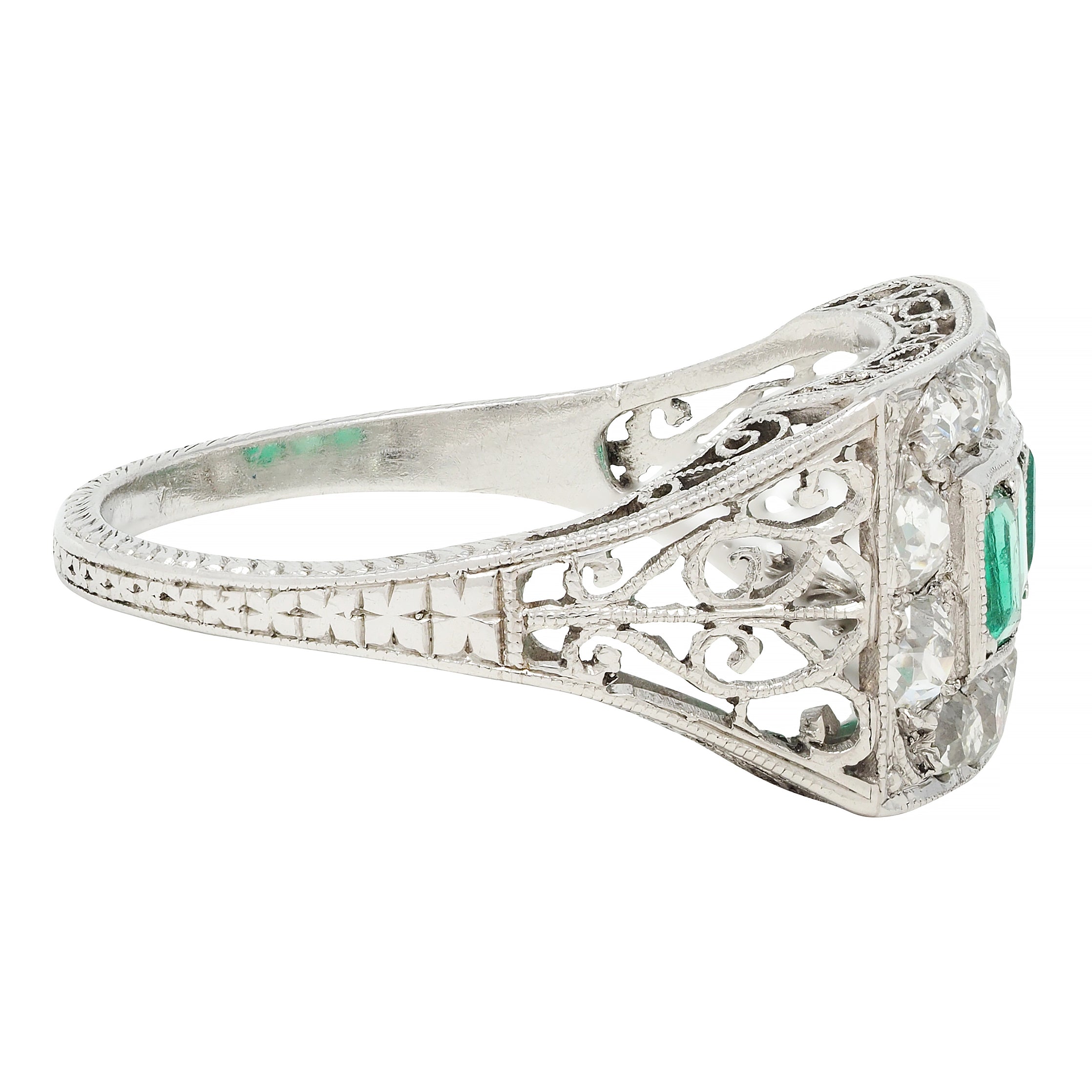 Art Deco 1.27 CTW Emerald Diamond Platinum Scrolling Antique Band Ring