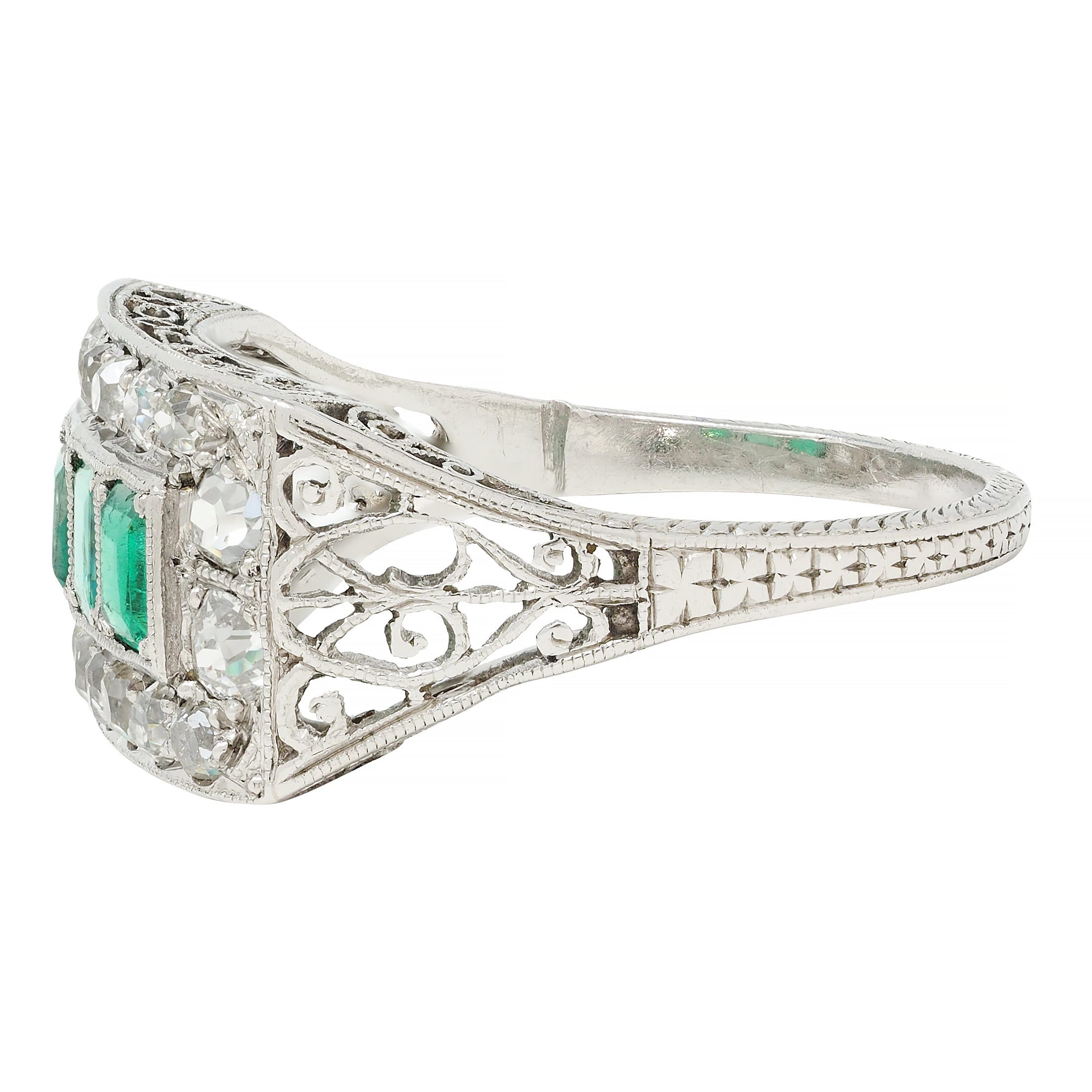 Art Deco 1.27 CTW Emerald Diamond Platinum Scrolling Antique Band Ring