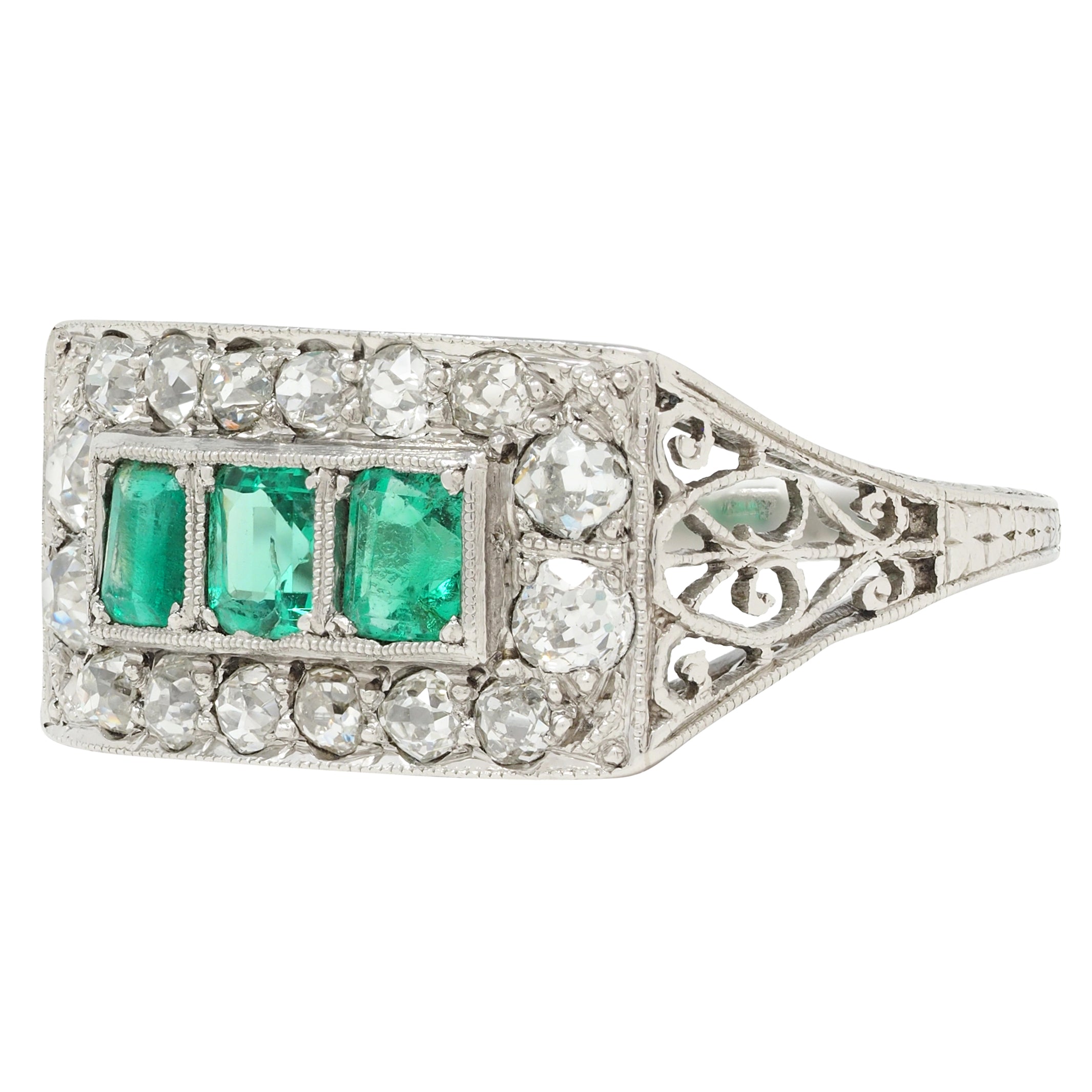 Art Deco 1.27 CTW Emerald Diamond Platinum Scrolling Antique Band Ring