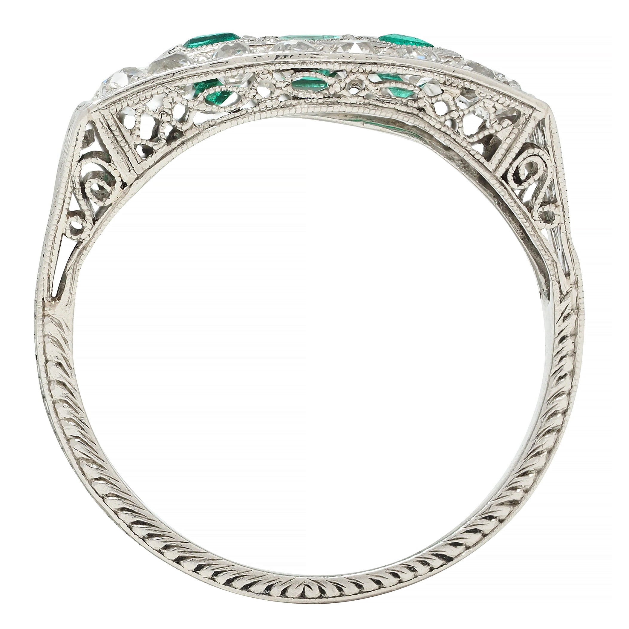 Art Deco 1.27 CTW Emerald Diamond Platinum Scrolling Antique Band Ring