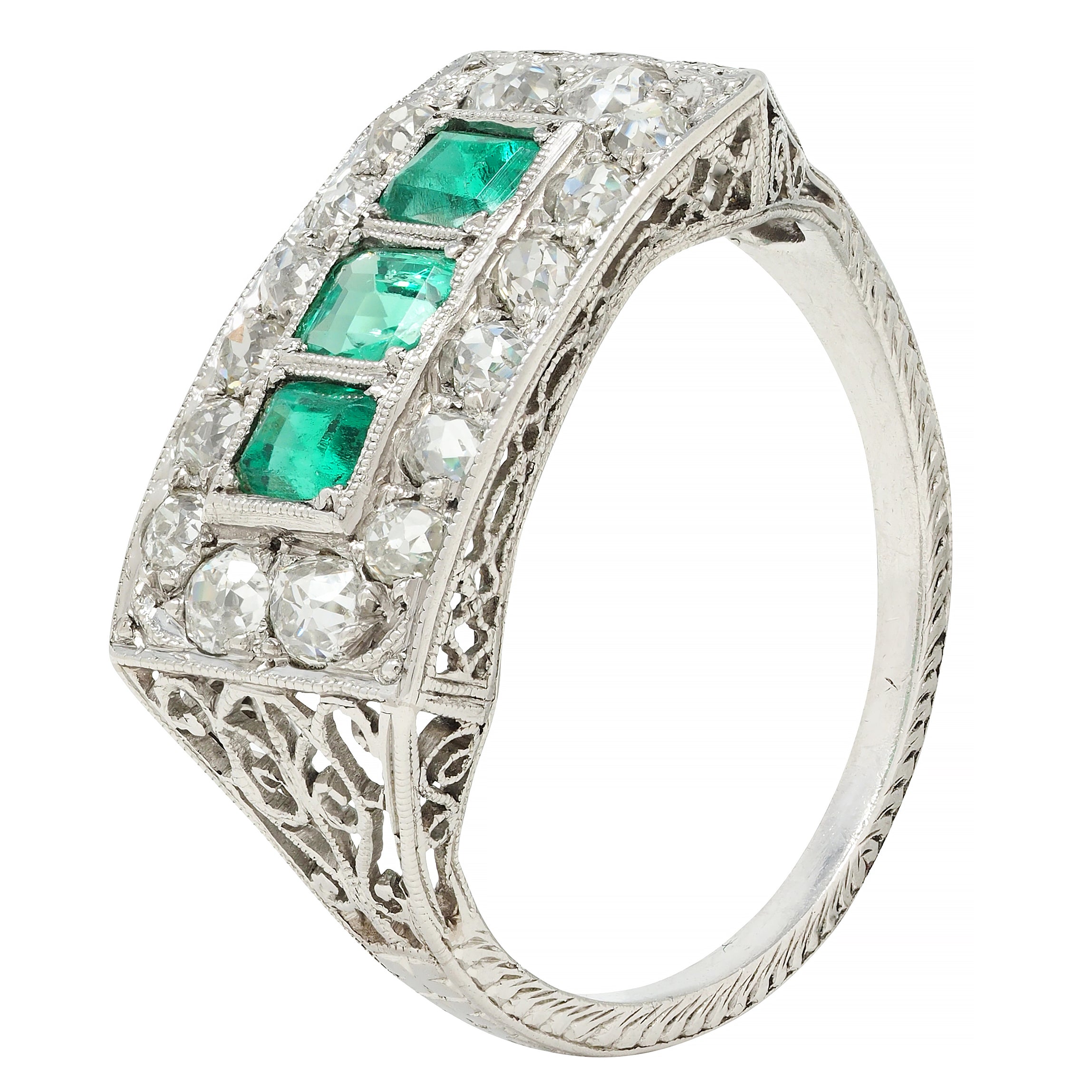 Art Deco 1.27 CTW Emerald Diamond Platinum Scrolling Antique Band Ring
