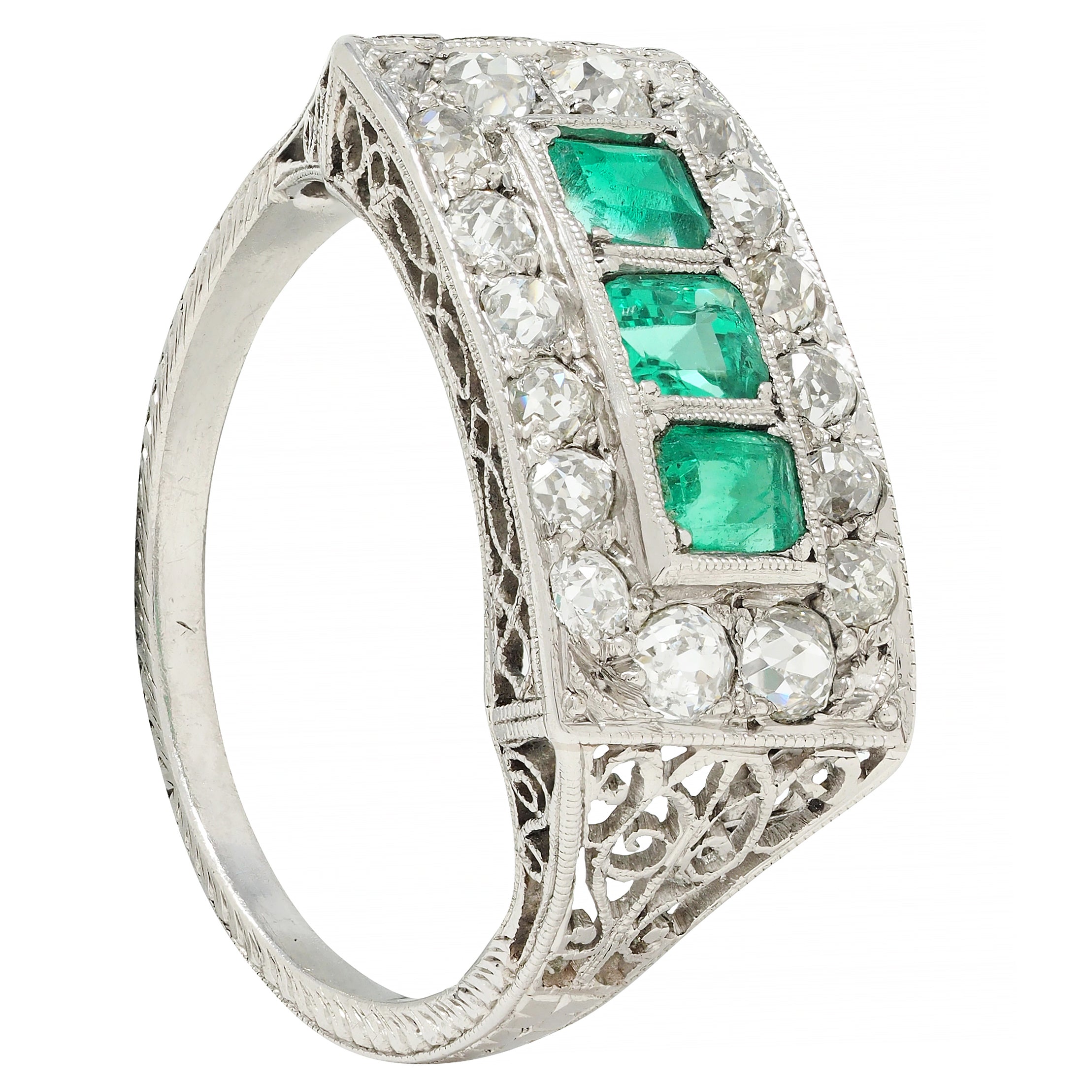 Art Deco 1.27 CTW Emerald Diamond Platinum Scrolling Antique Band Ring