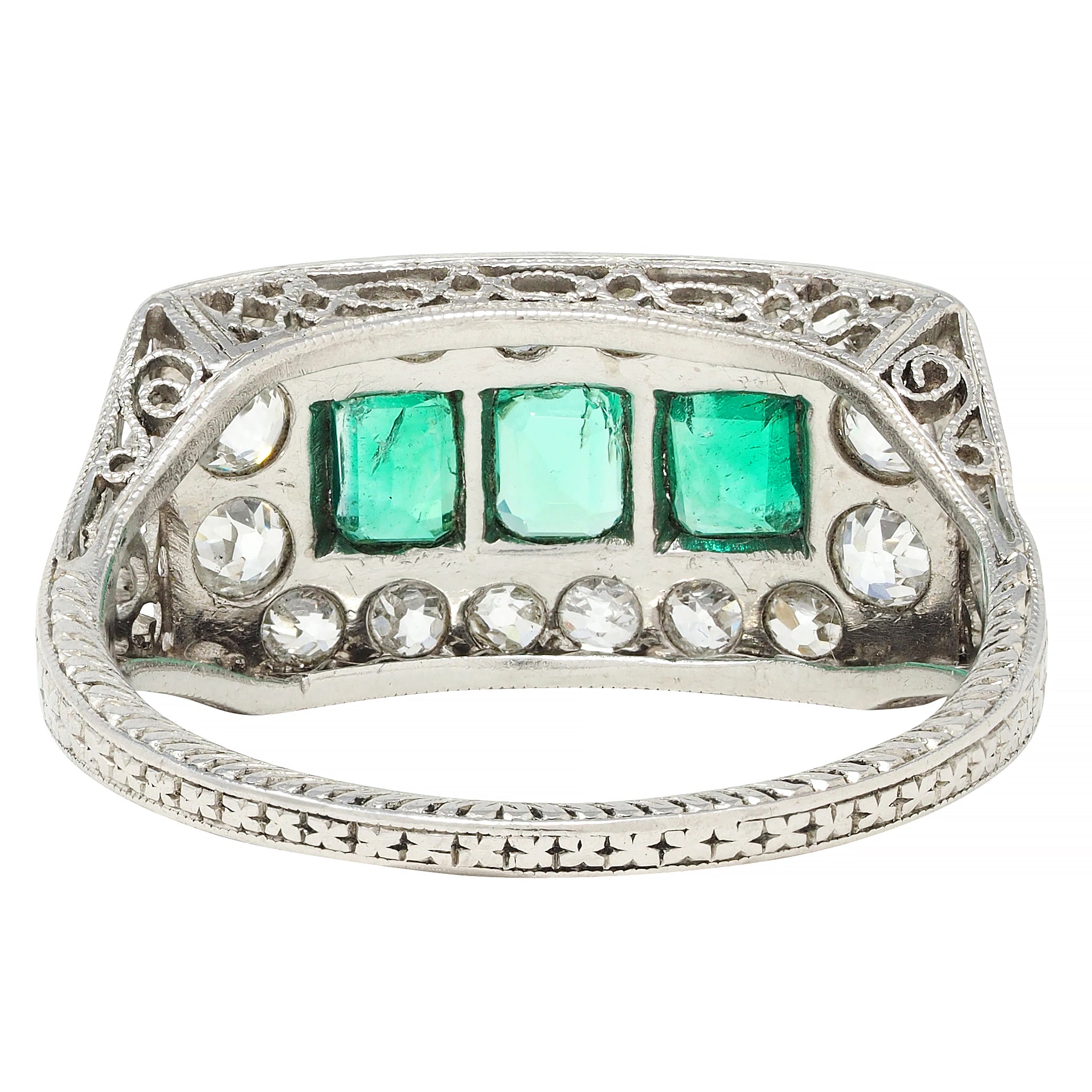 Art Deco 1.27 CTW Emerald Diamond Platinum Scrolling Antique Band Ring