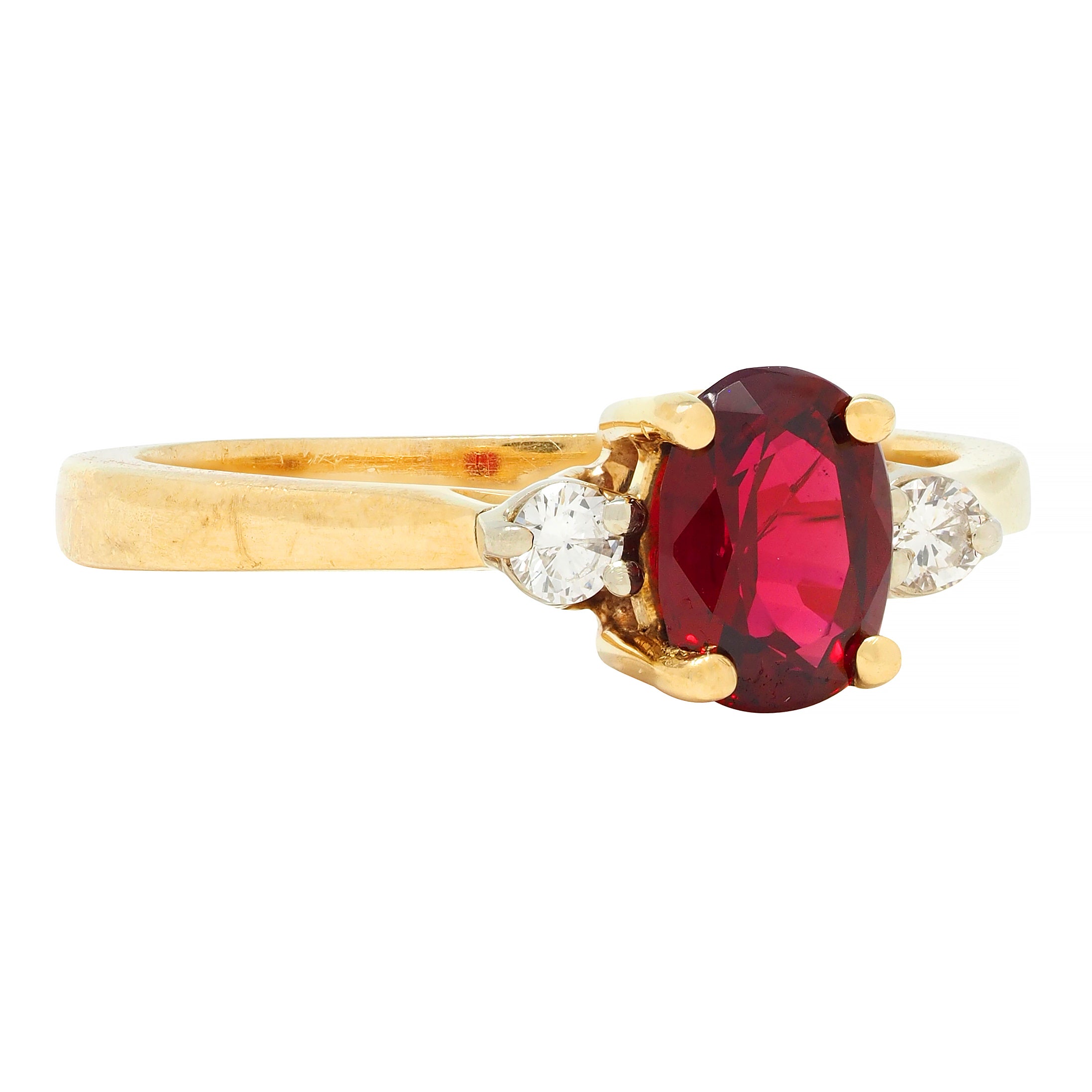 1990's 0.98 CTW Ruby Diamond 18 Karat Yellow Gold Three Stone Vintage Ring