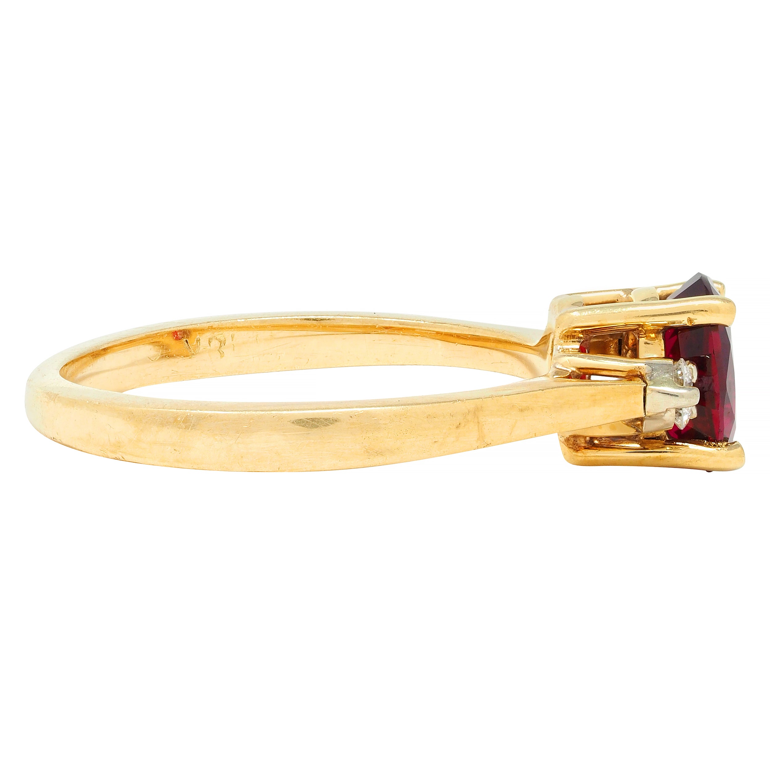 1990's 0.98 CTW Ruby Diamond 18 Karat Yellow Gold Three Stone Vintage Ring