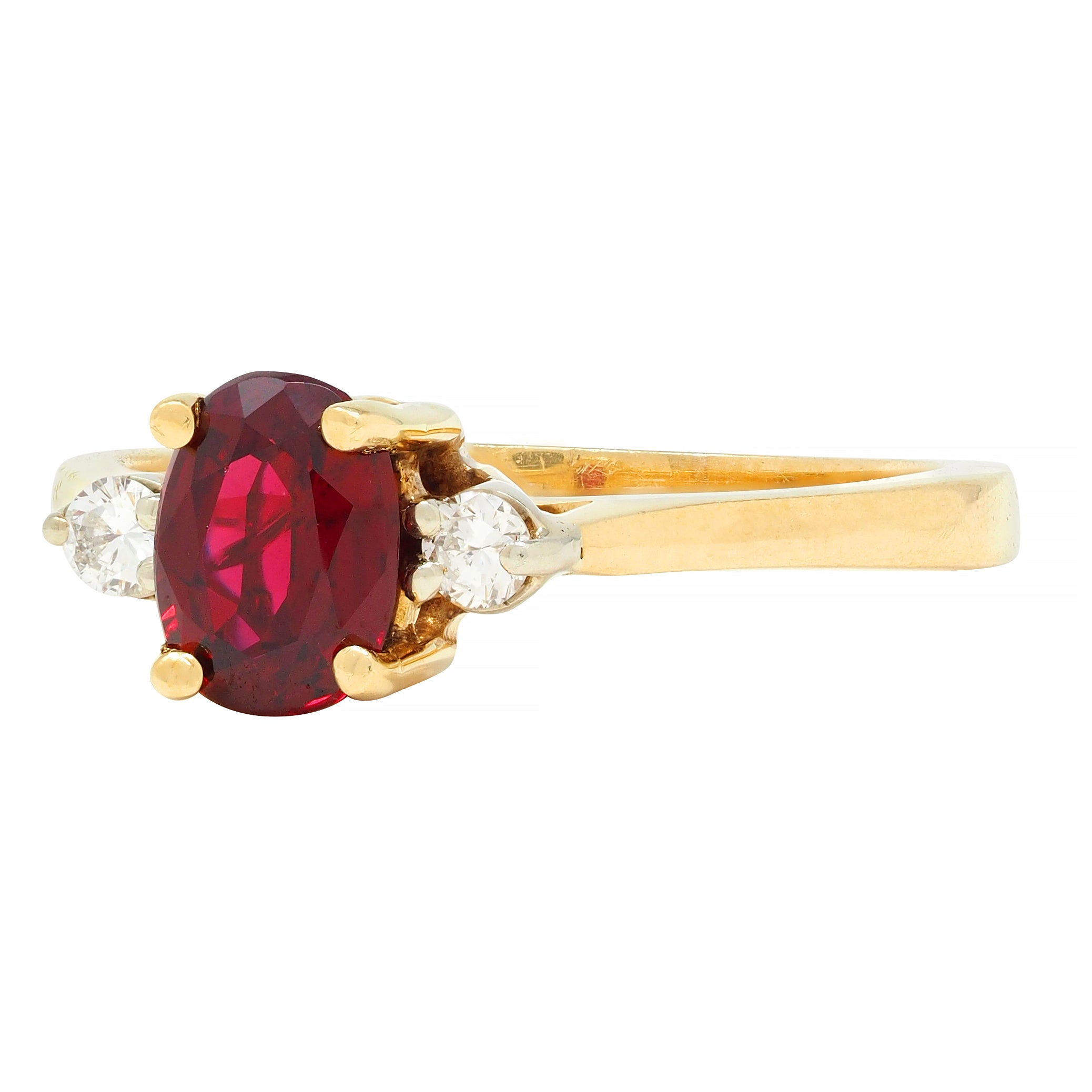 1990's 0.98 CTW Ruby Diamond 18 Karat Yellow Gold Three Stone Vintage Ring