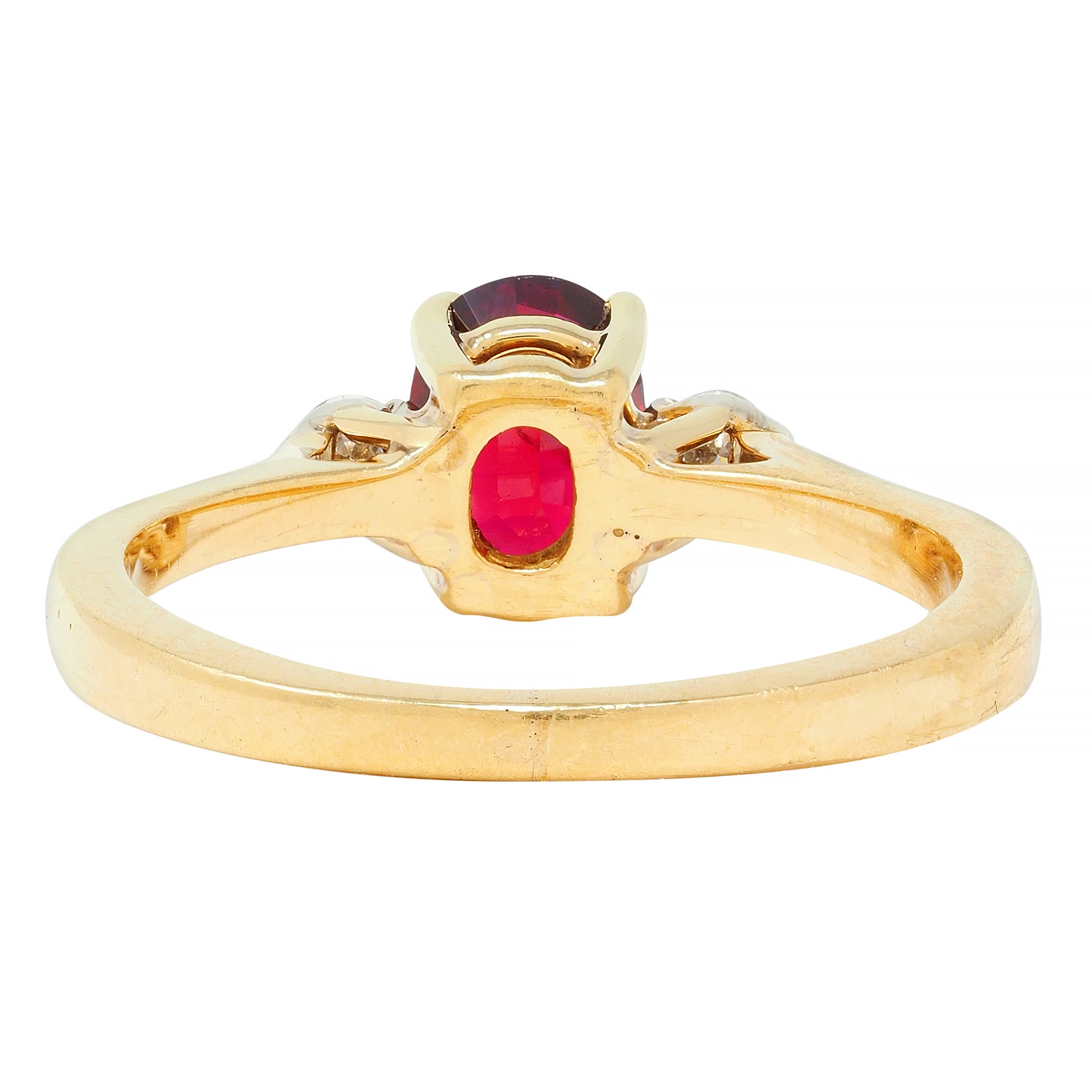 1990's 0.98 CTW Ruby Diamond 18 Karat Yellow Gold Three Stone Vintage Ring