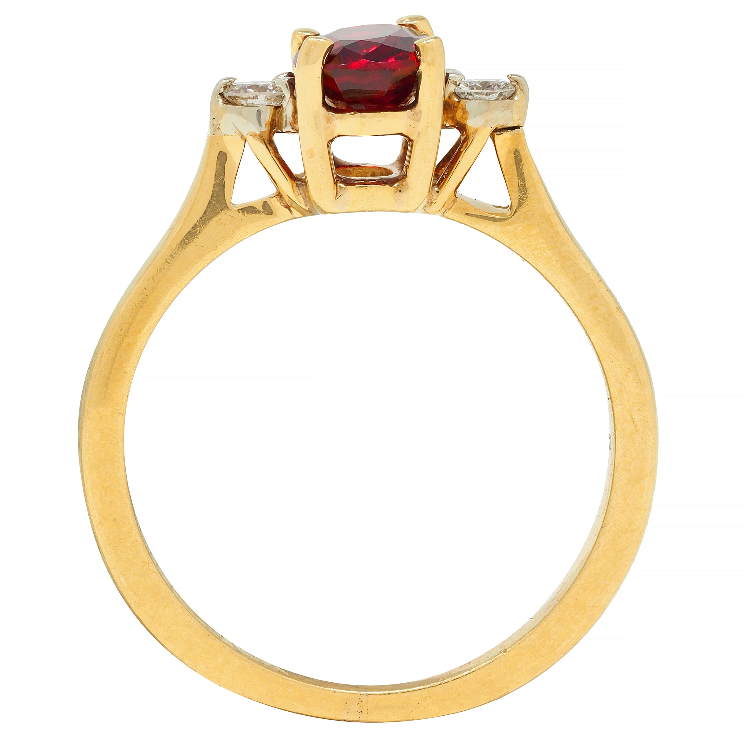 1990's 0.98 CTW Ruby Diamond 18 Karat Yellow Gold Three Stone Vintage Ring
