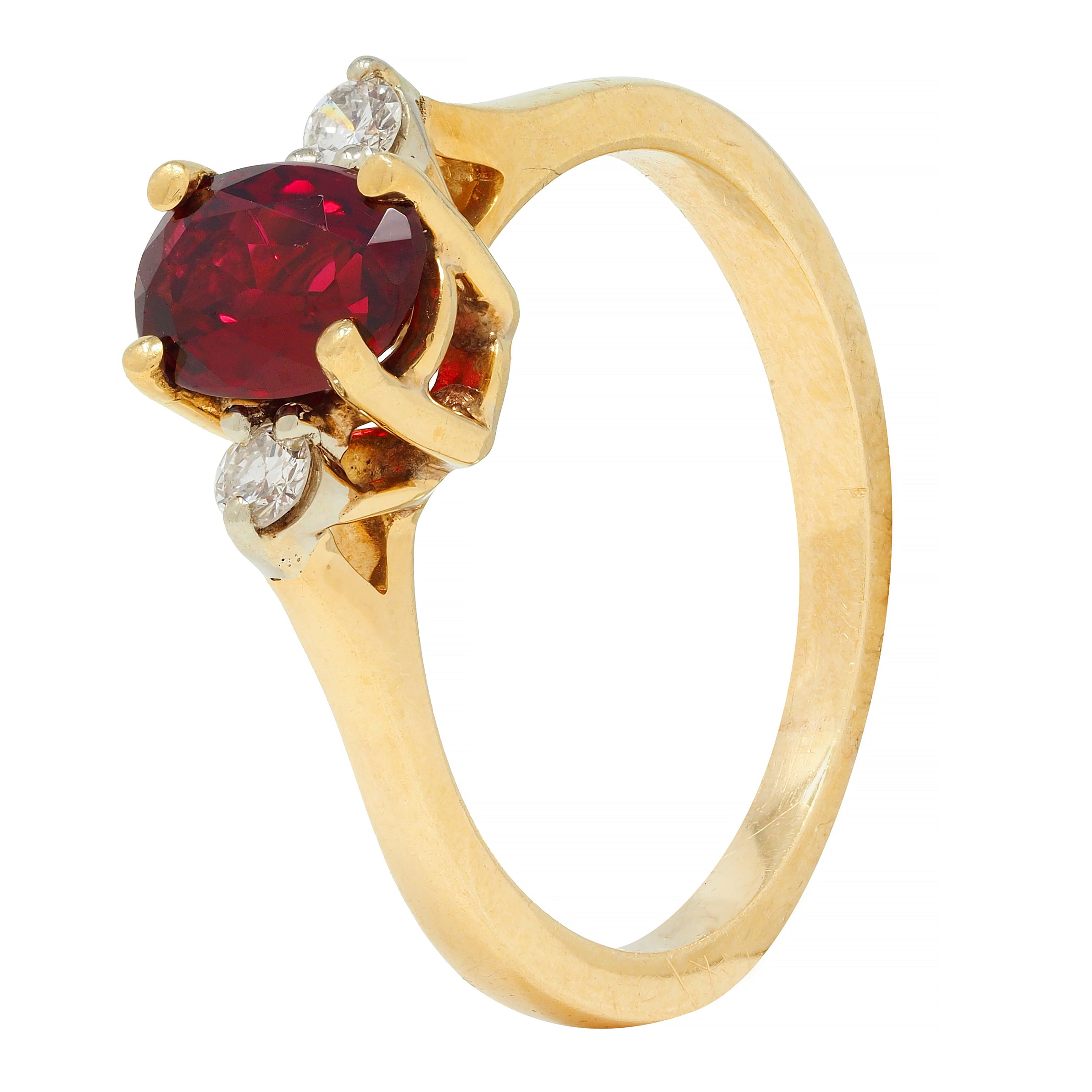 1990's 0.98 CTW Ruby Diamond 18 Karat Yellow Gold Three Stone Vintage Ring