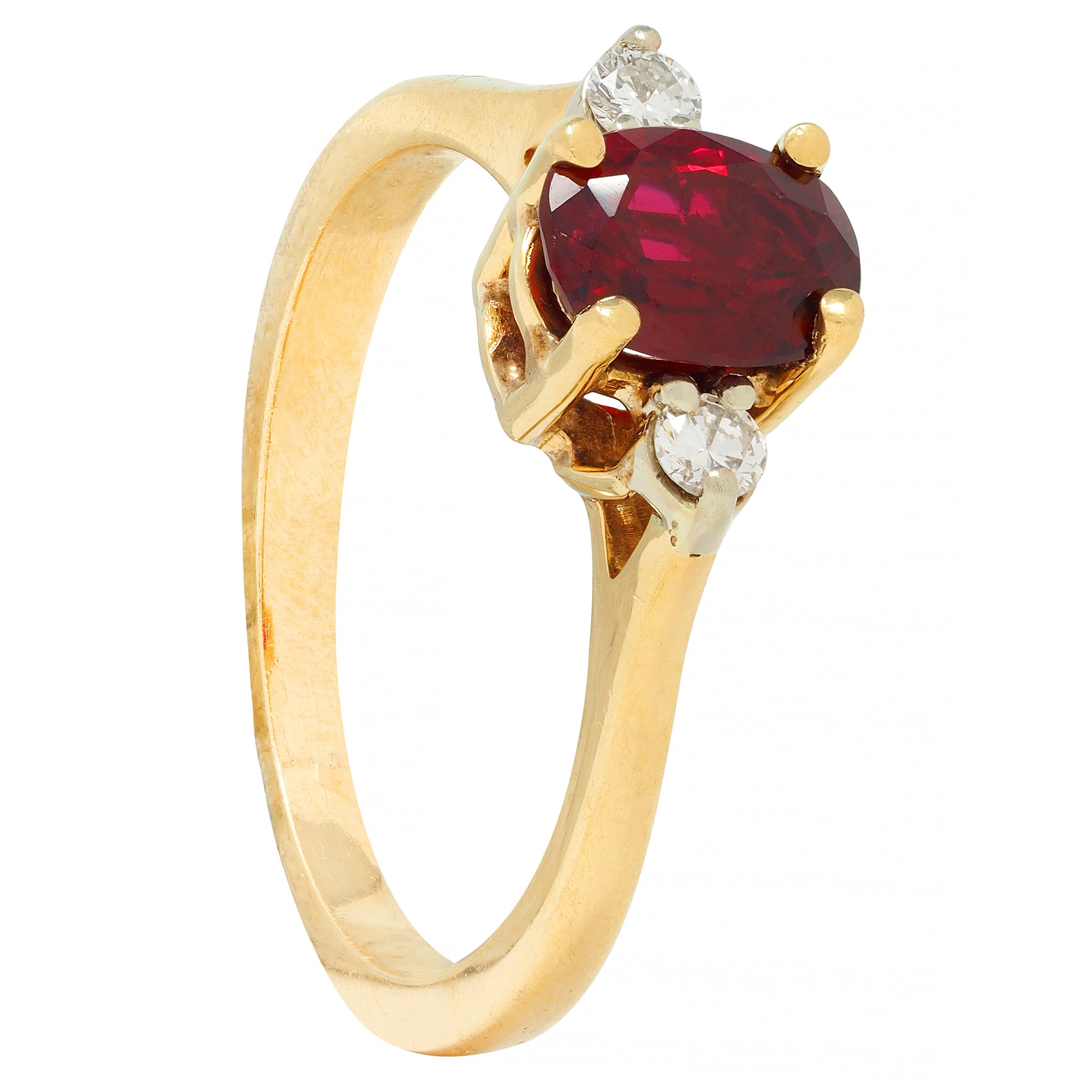 1990's 0.98 CTW Ruby Diamond 18 Karat Yellow Gold Three Stone Vintage Ring