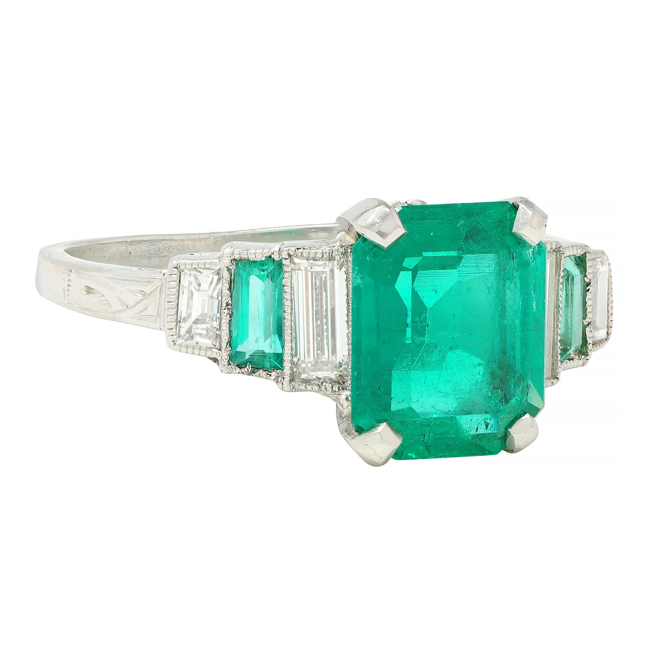 Art Deco 1.92 CTW Emerald Diamond Platinum Stepped Vintage Ring GIA