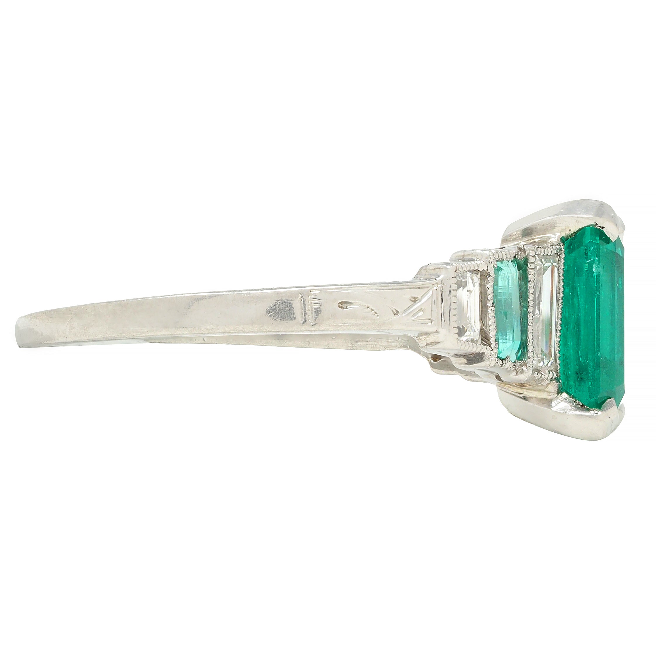Art Deco 1.92 CTW Emerald Diamond Platinum Stepped Vintage Ring GIA