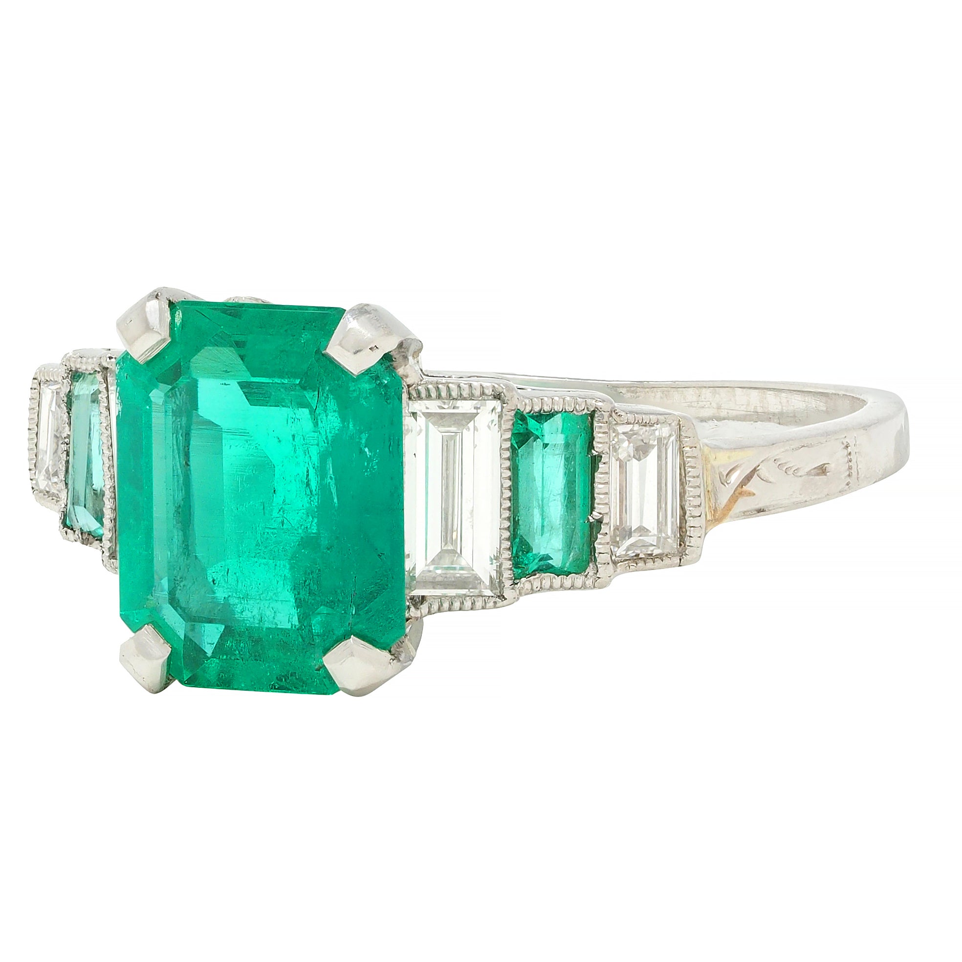 Art Deco 1.92 CTW Emerald Diamond Platinum Stepped Vintage Ring GIA