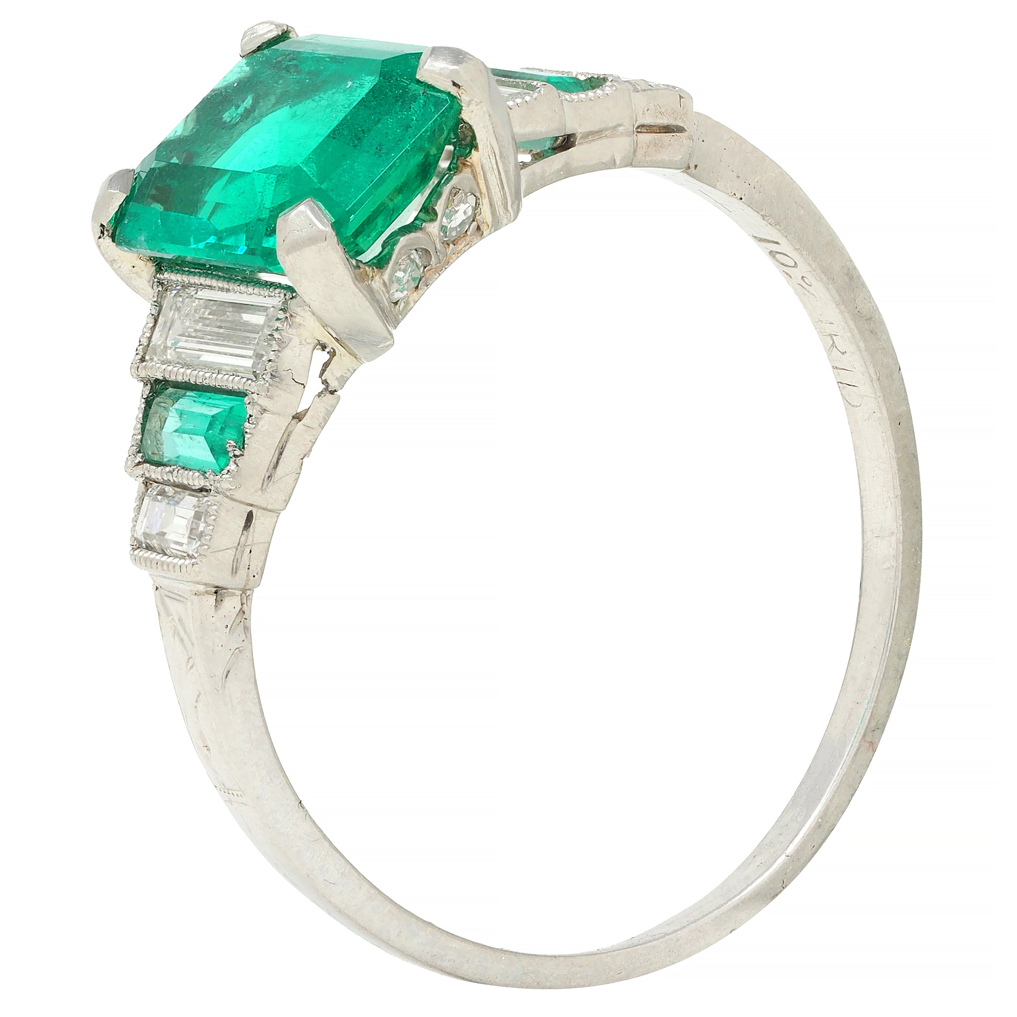 Art Deco 1.92 CTW Emerald Diamond Platinum Stepped Vintage Ring GIA