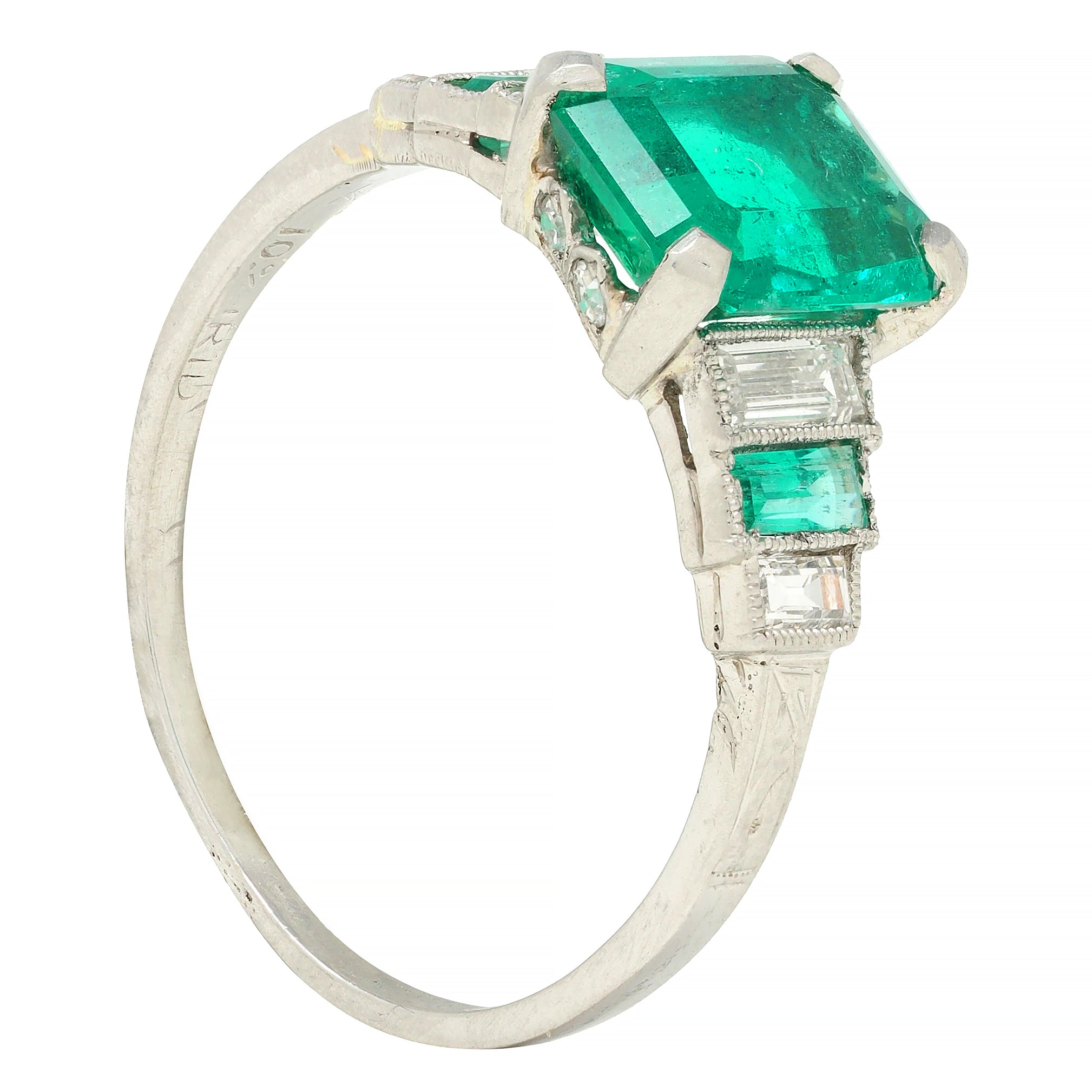 Art Deco 1.92 CTW Emerald Diamond Platinum Stepped Vintage Ring GIA