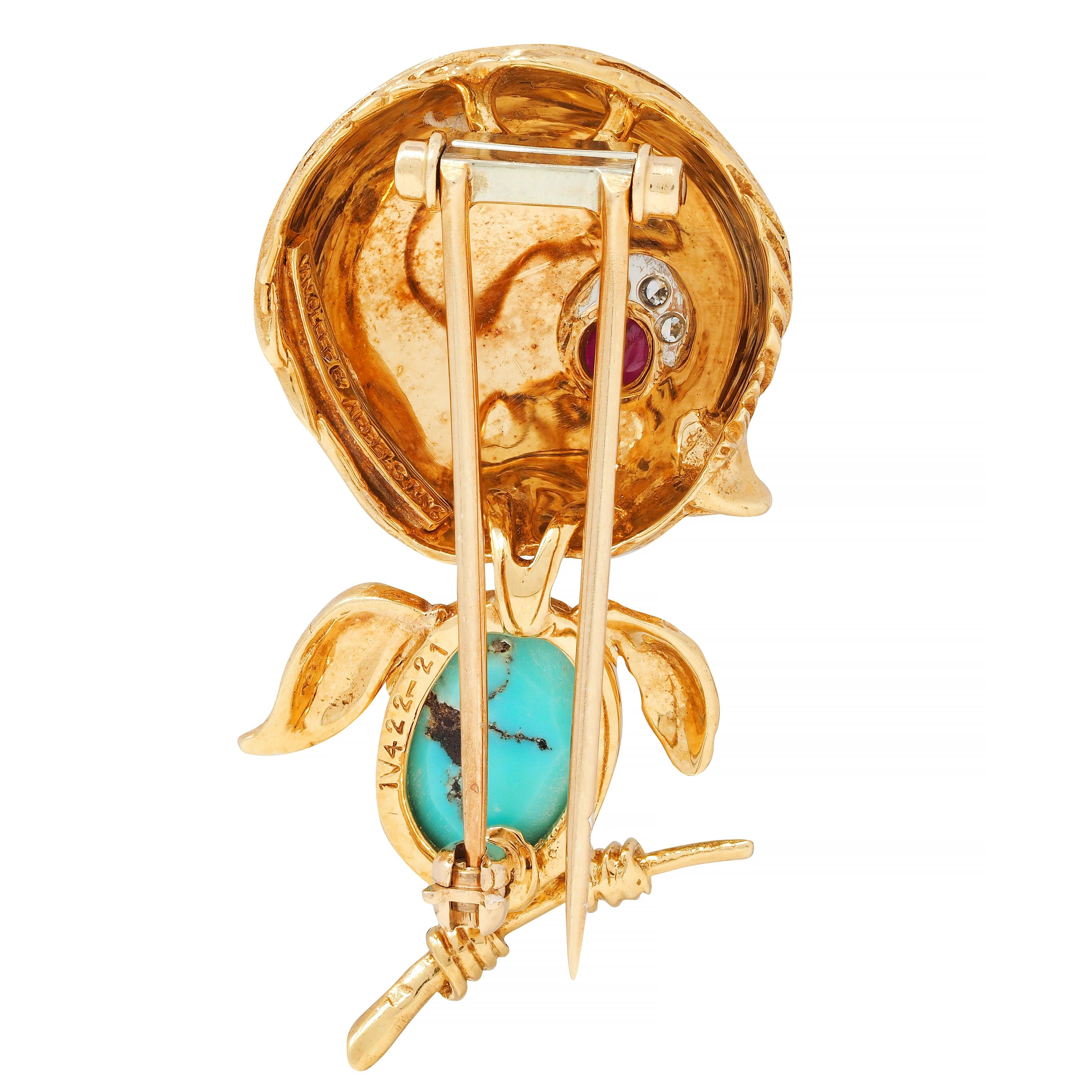 Van Cleef & Arpels Diamond Turquoise Platinum 18 Karat Gold Vintage Bird Brooch