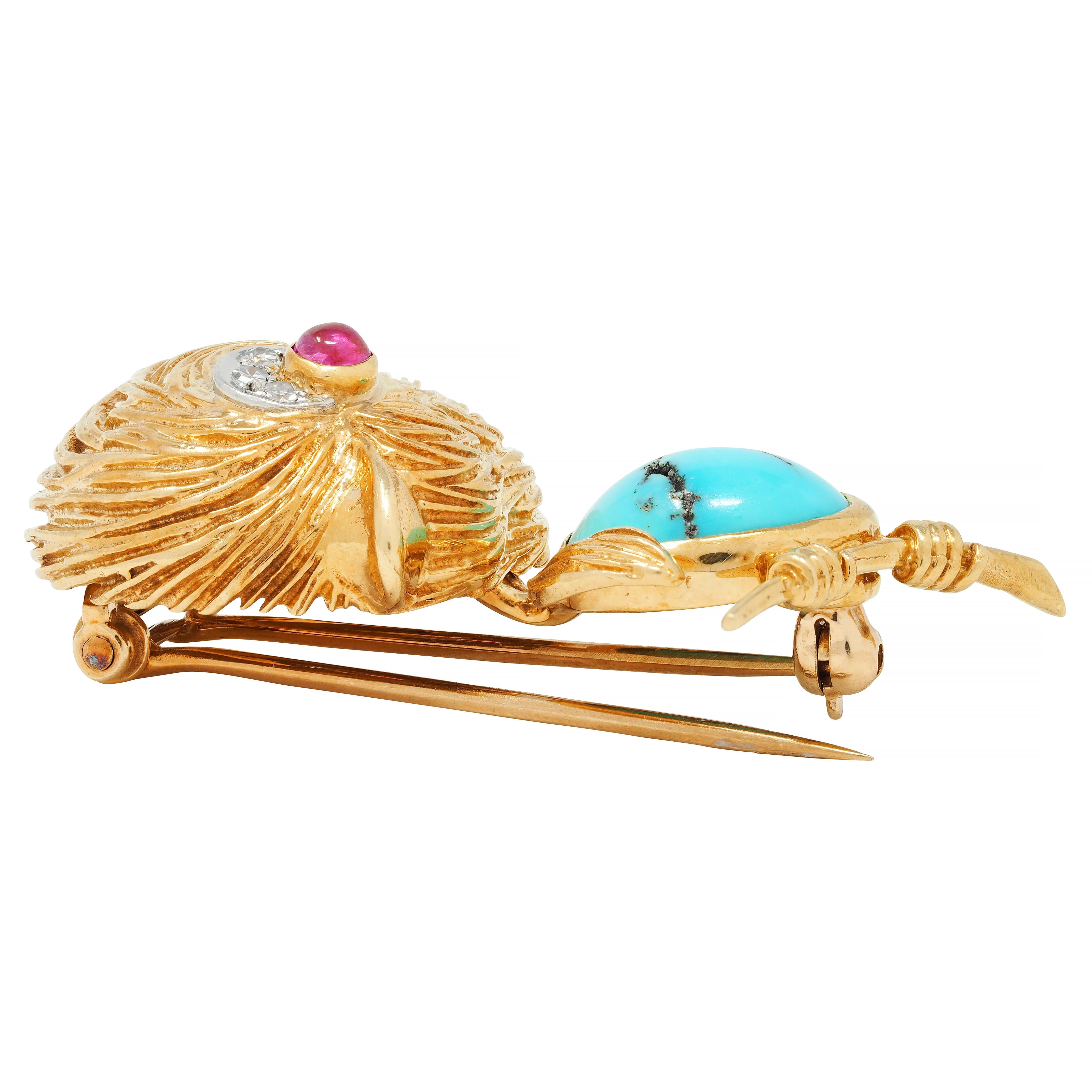 Van Cleef & Arpels Diamond Turquoise Platinum 18 Karat Gold Vintage Bird Brooch