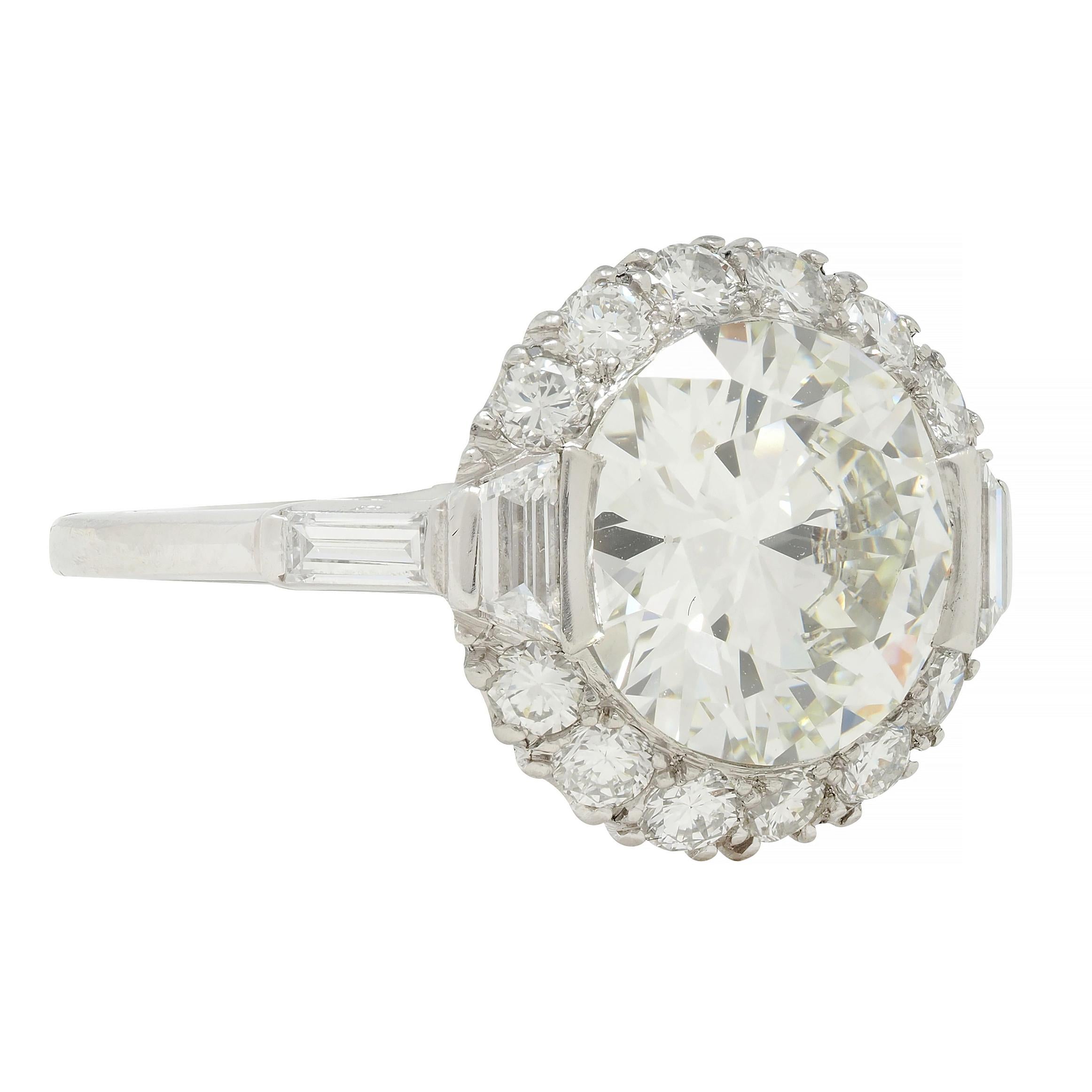 Mid-Century 3.85 CTW European Diamond Platinum Halo Vintage Engagement Ring GIA