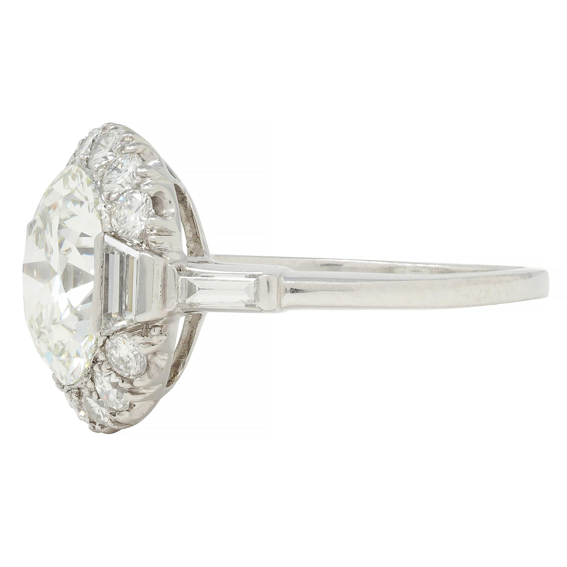 Mid-Century 3.85 CTW European Diamond Platinum Halo Vintage Engagement Ring GIA