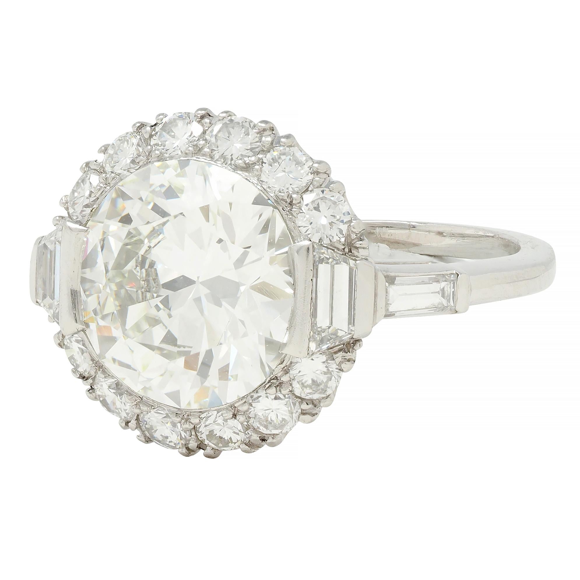 Mid-Century 3.85 CTW European Diamond Platinum Halo Vintage Engagement Ring GIA