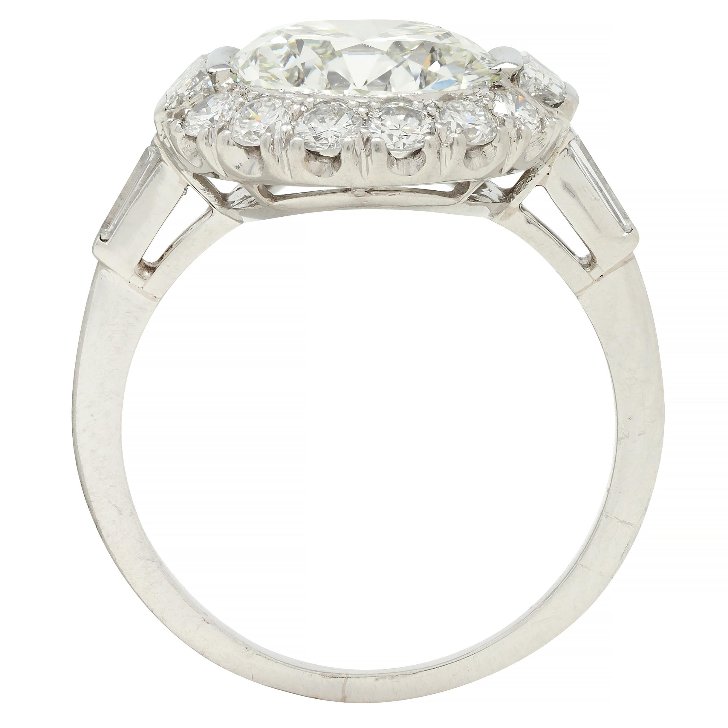 Mid-Century 3.85 CTW European Diamond Platinum Halo Vintage Engagement Ring GIA