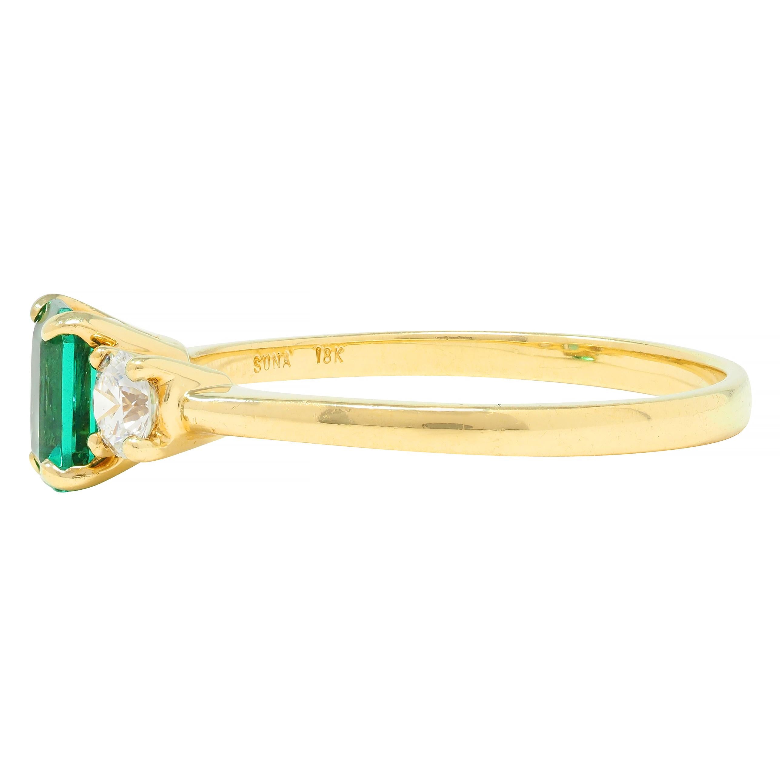 Suna 1990s 1.23 CTW No Oil Emerald Diamond 18 Karat Yellow Gold Ring GIA