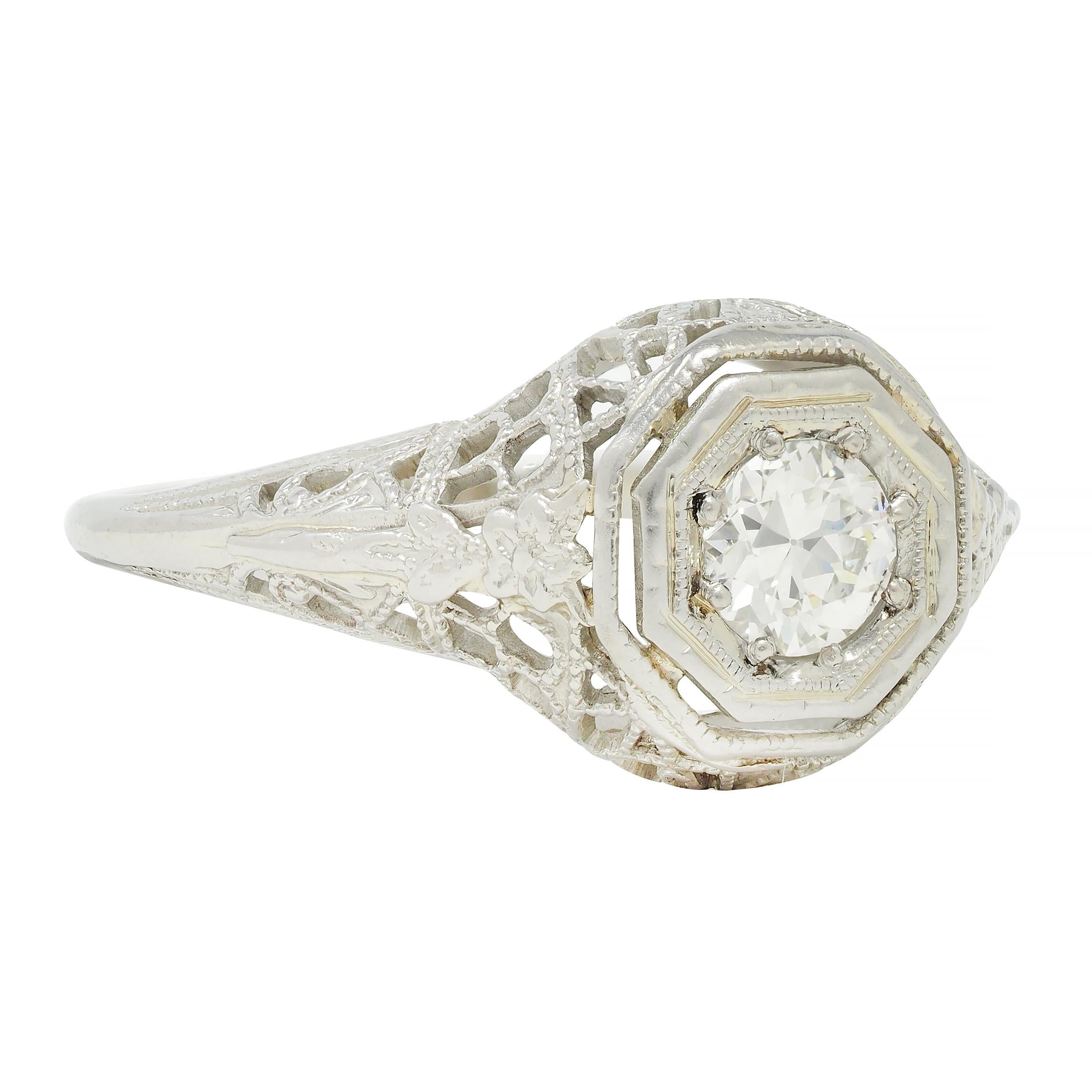 Art Deco 0.31 CTW Old European Cut Diamond 18 Karat Gold Lotus Engagement Ring