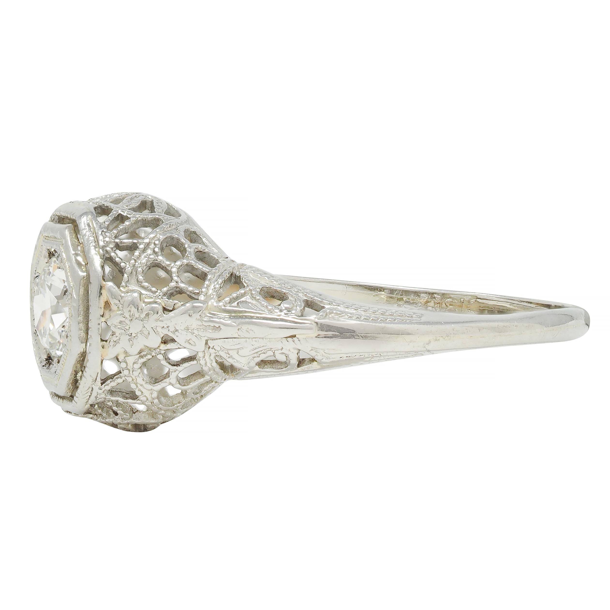 Art Deco 0.31 CTW Old European Cut Diamond 18 Karat Gold Lotus Engagement Ring