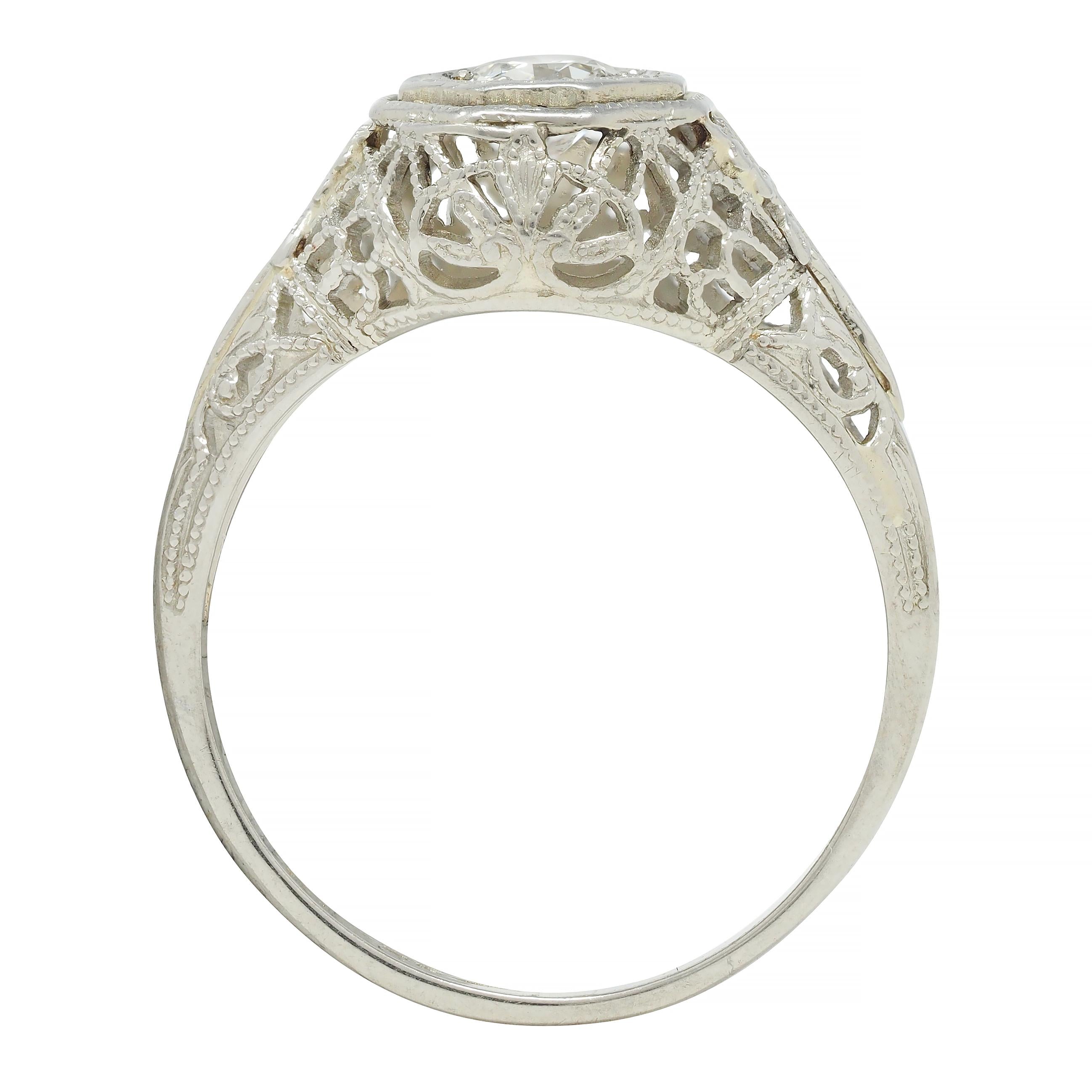 Art Deco 0.31 CTW Old European Cut Diamond 18 Karat Gold Lotus Engagement Ring