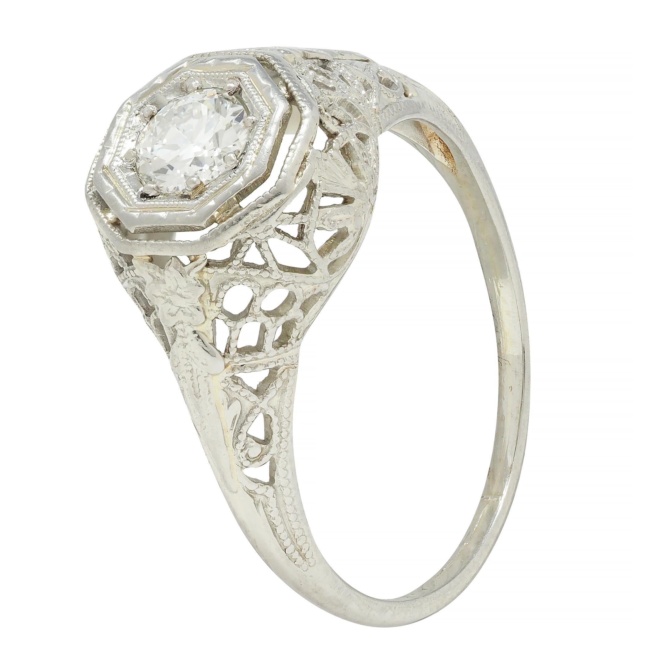 Art Deco 0.31 CTW Old European Cut Diamond 18 Karat Gold Lotus Engagement Ring