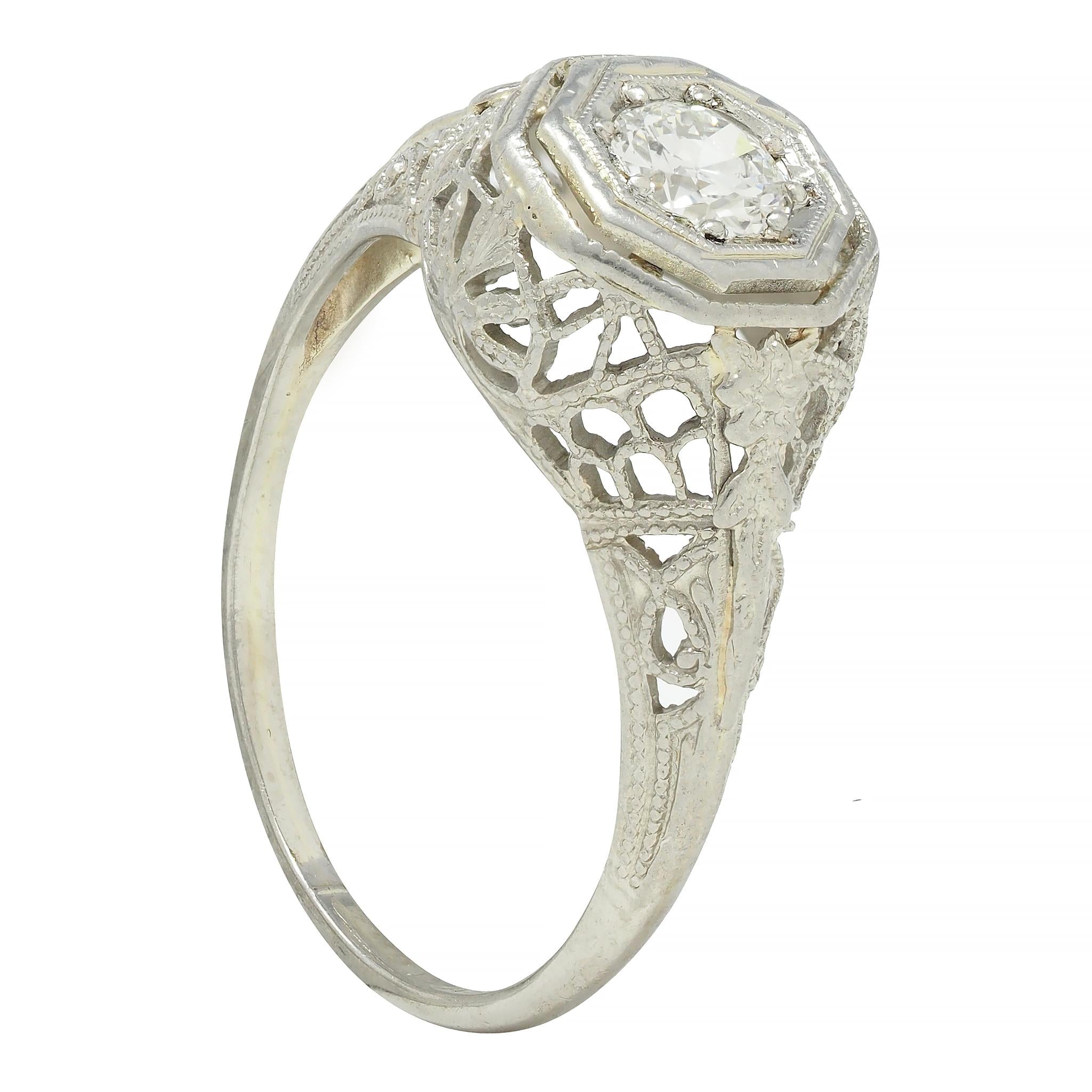 Art Deco 0.31 CTW Old European Cut Diamond 18 Karat Gold Lotus Engagement Ring