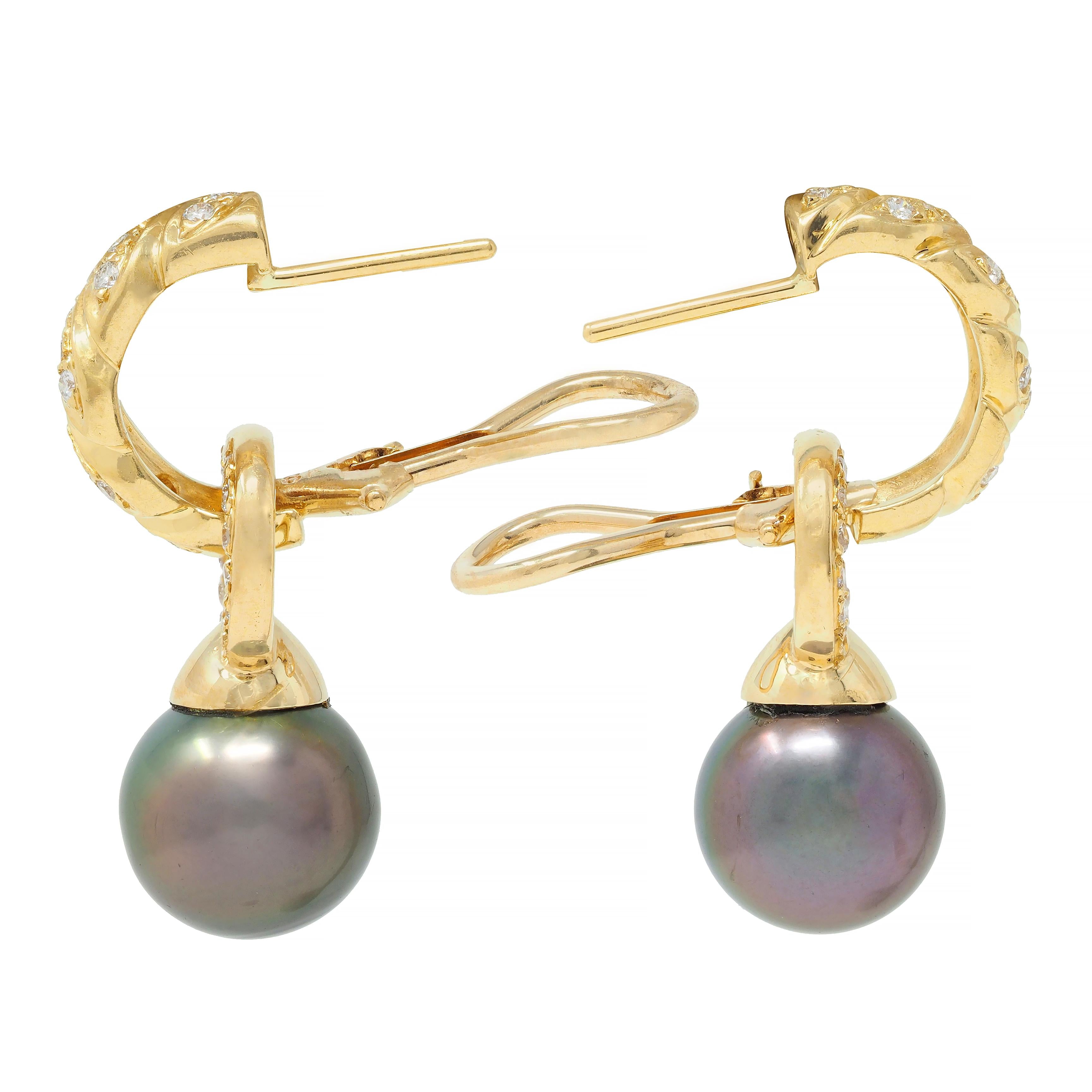 1980s 0.76 CTW Diamond Tahitian Pearl 18 Karat Yellow Gold Vintage Drop Earrings