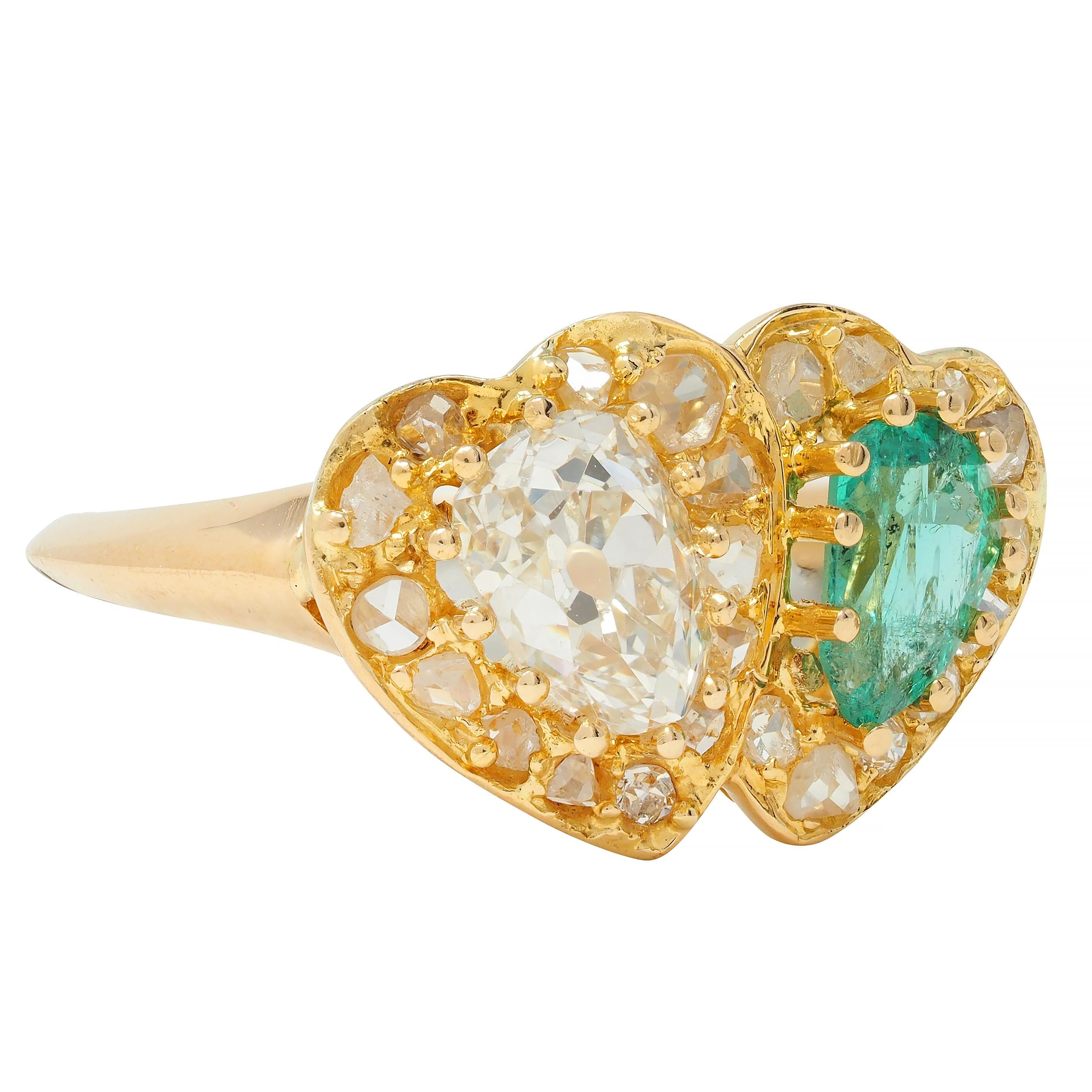 Vintage 1.63 CTW Emerald Diamond 18 Karat Yellow Gold Toi Et Moi Heart Ring