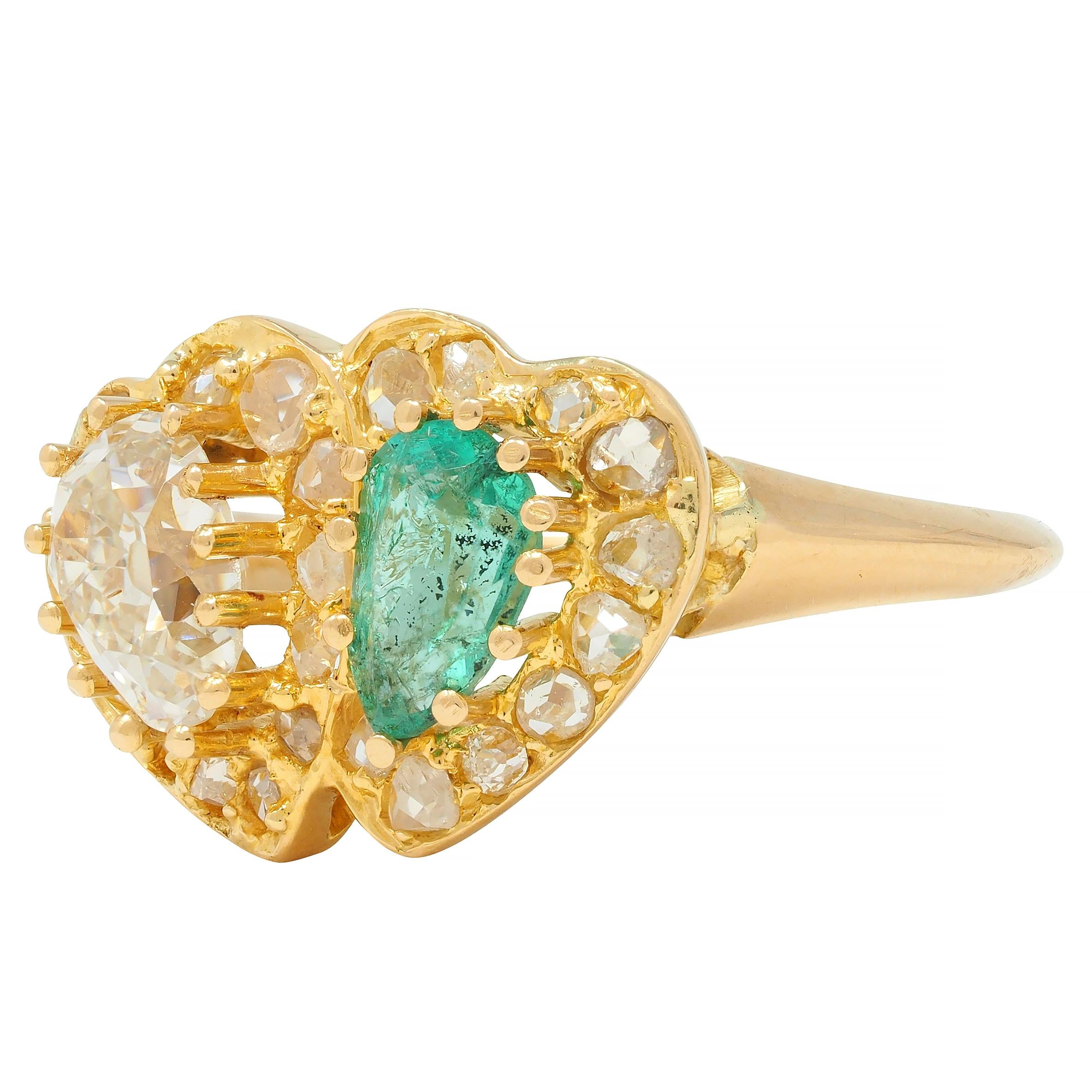 Vintage 1.63 CTW Emerald Diamond 18 Karat Yellow Gold Toi Et Moi Heart Ring