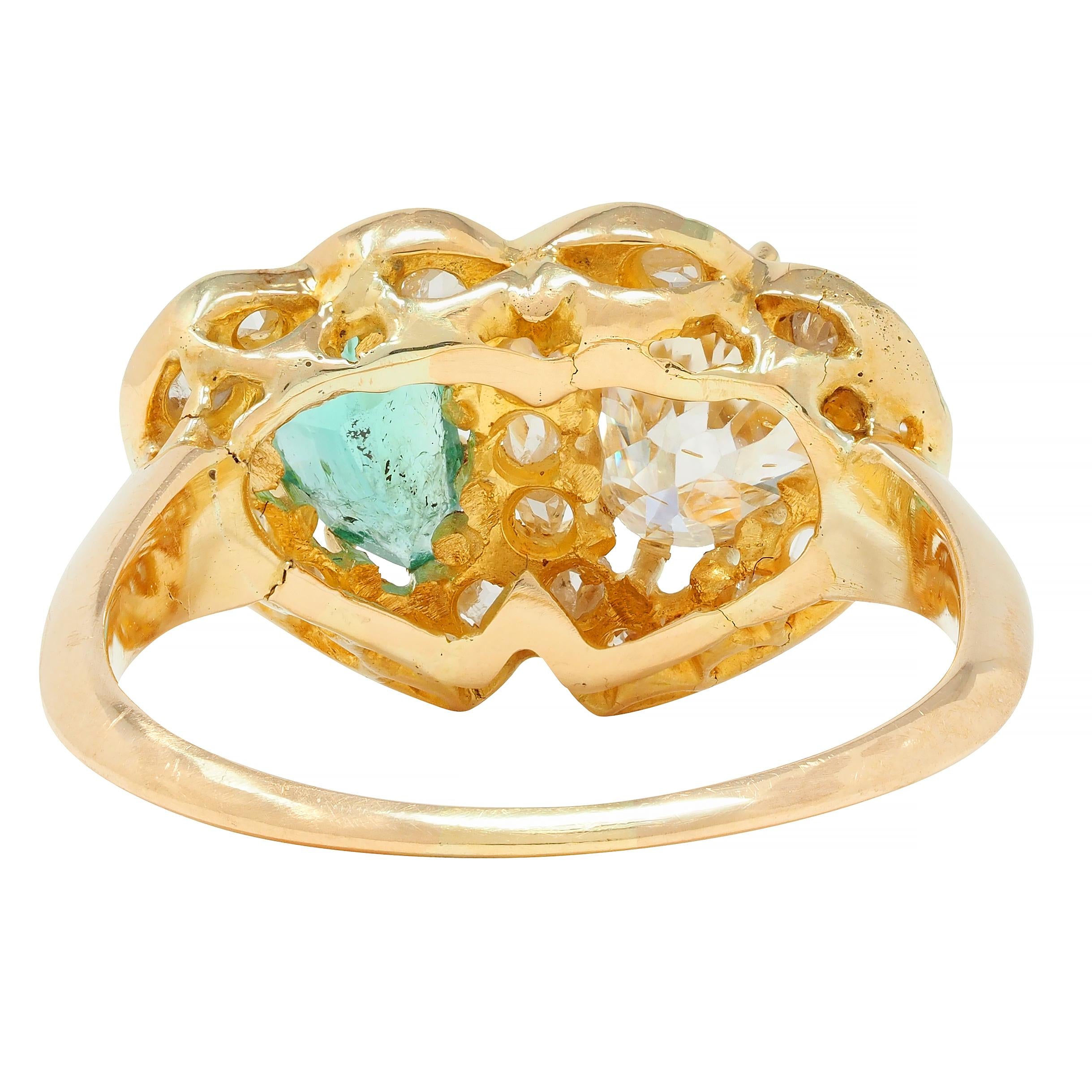 Vintage 1.63 CTW Emerald Diamond 18 Karat Yellow Gold Toi Et Moi Heart Ring