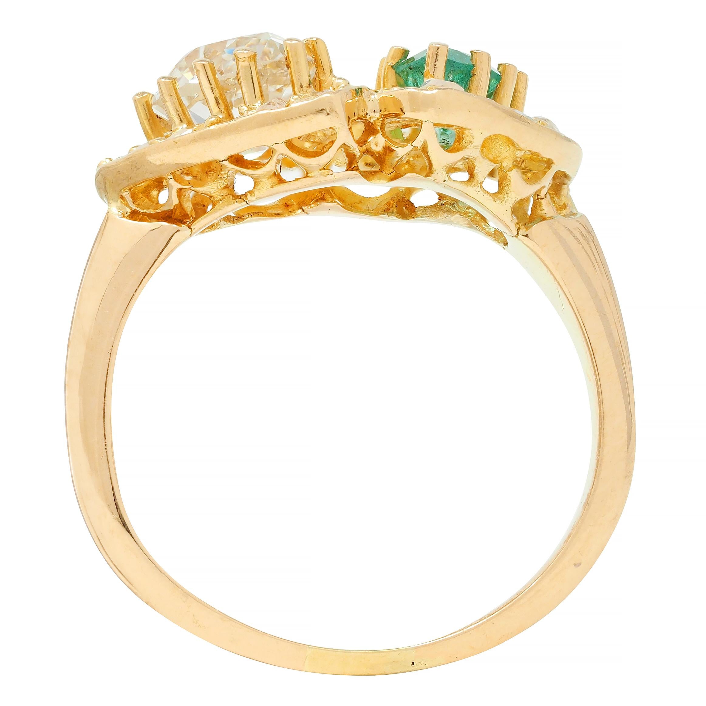 Vintage 1.63 CTW Emerald Diamond 18 Karat Yellow Gold Toi Et Moi Heart Ring