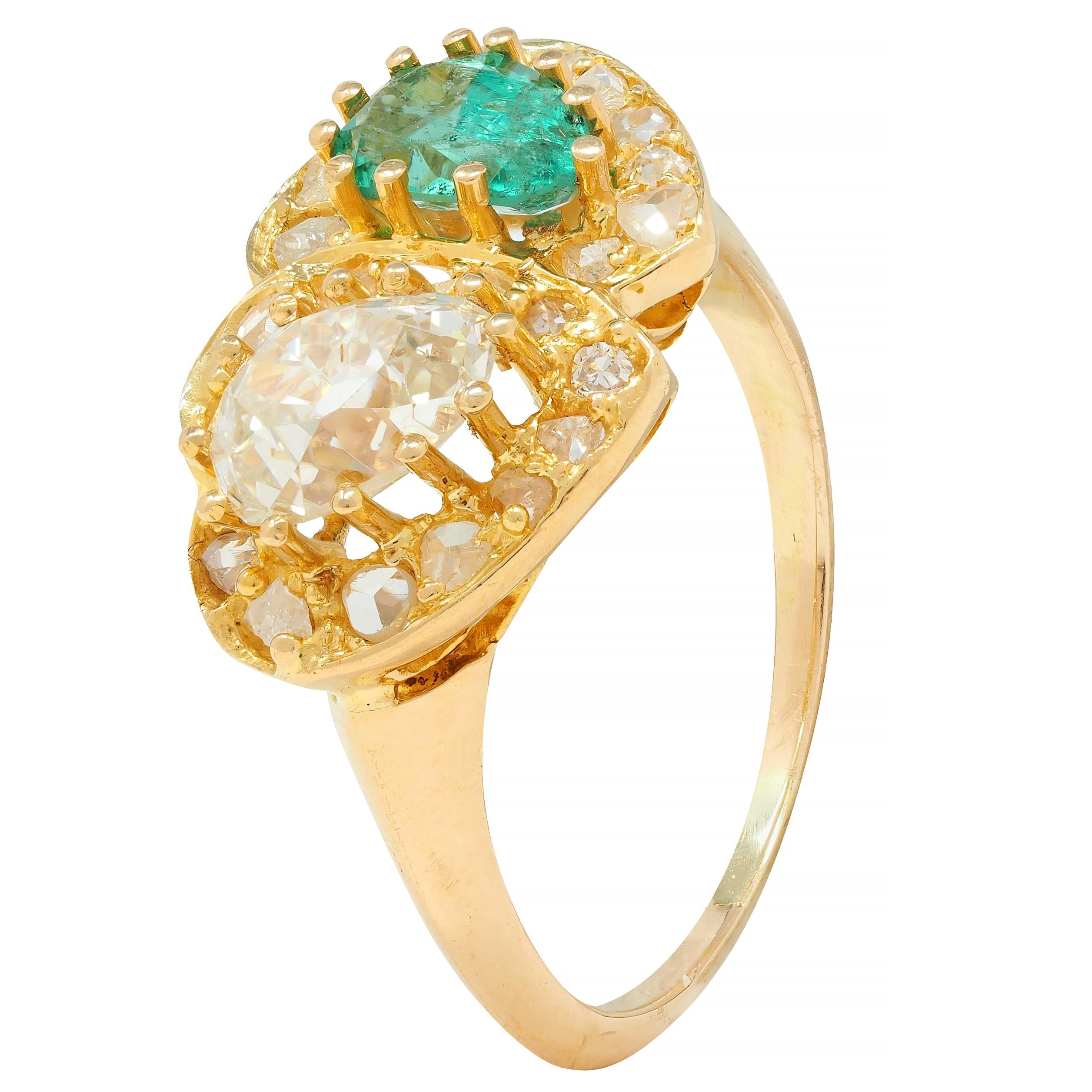 Vintage 1.63 CTW Emerald Diamond 18 Karat Yellow Gold Toi Et Moi Heart Ring