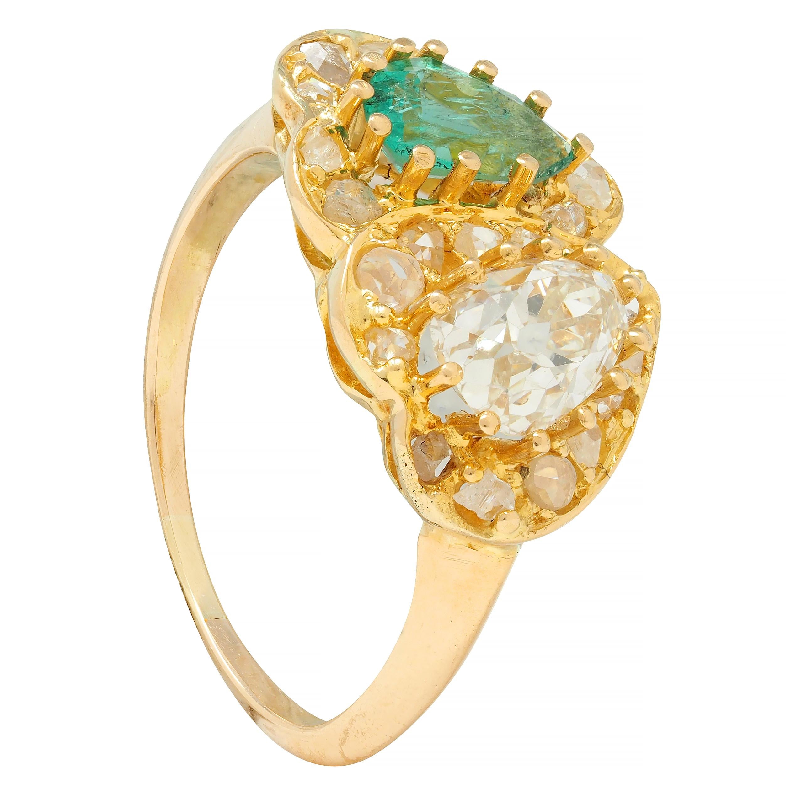 Vintage 1.63 CTW Emerald Diamond 18 Karat Yellow Gold Toi Et Moi Heart Ring