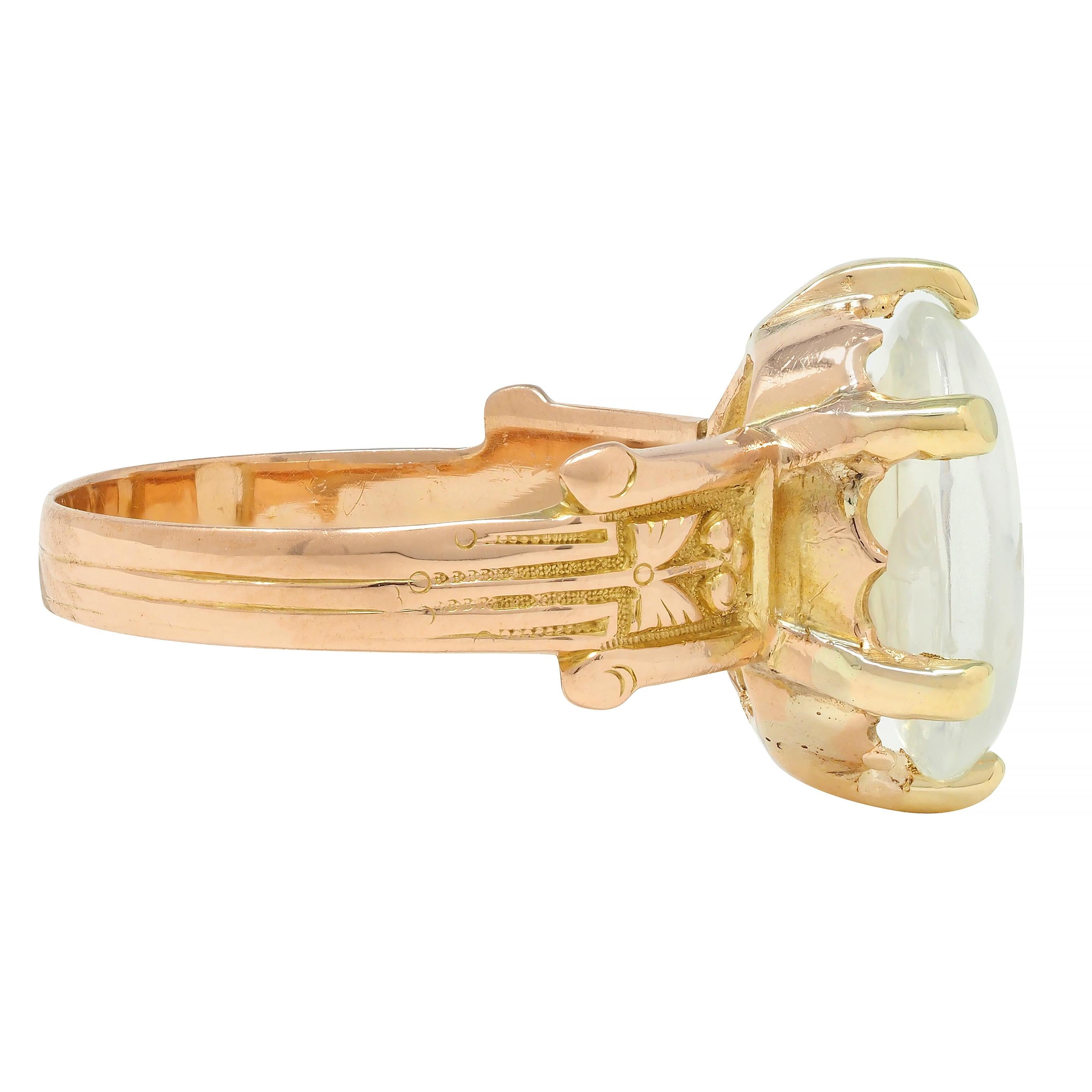 Victorian Moonstone 14 Karat Yellow Gold Ram Intaglio Thistle Antique Ring