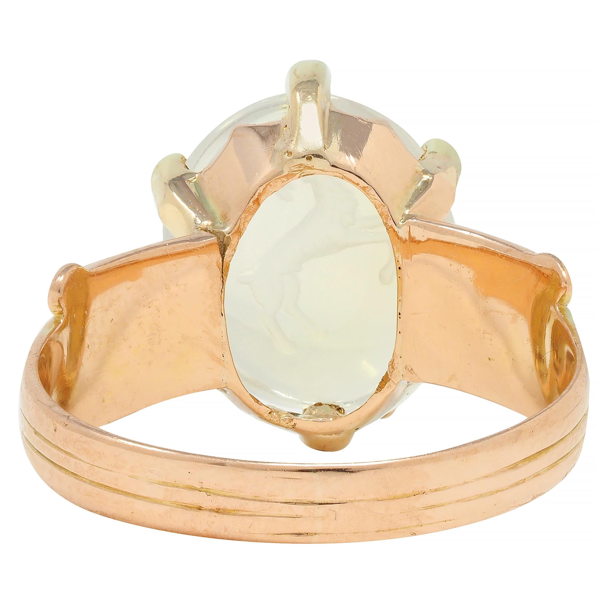 Victorian Moonstone 14 Karat Yellow Gold Ram Intaglio Thistle Antique Ring