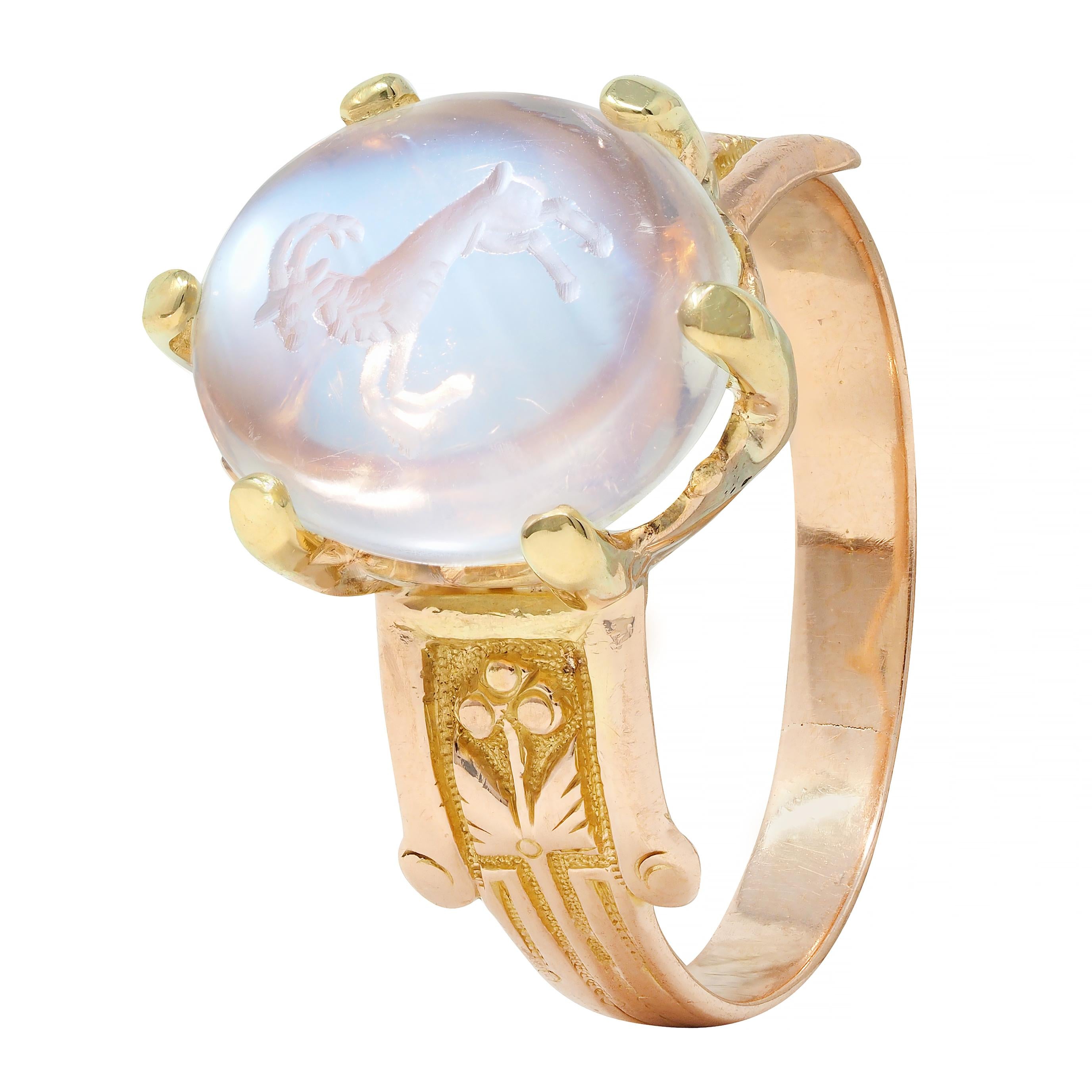 Victorian Moonstone 14 Karat Yellow Gold Ram Intaglio Thistle Antique Ring