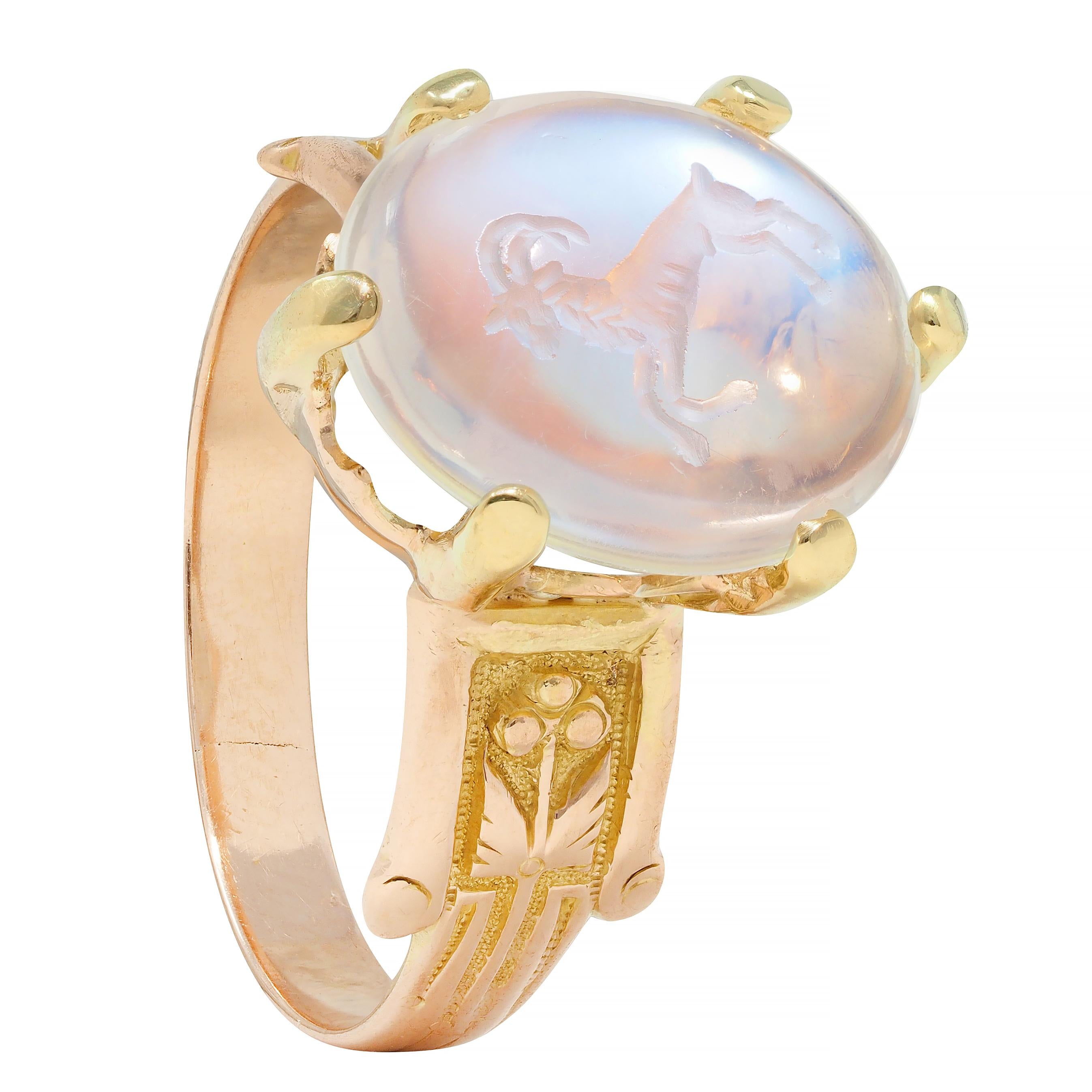 Victorian Moonstone 14 Karat Yellow Gold Ram Intaglio Thistle Antique Ring